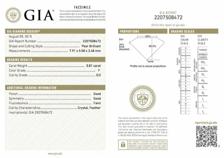 0.81 CT F Color SI2 Clarity GIA Certified Pear Shape Cut Natural Loose Diamond