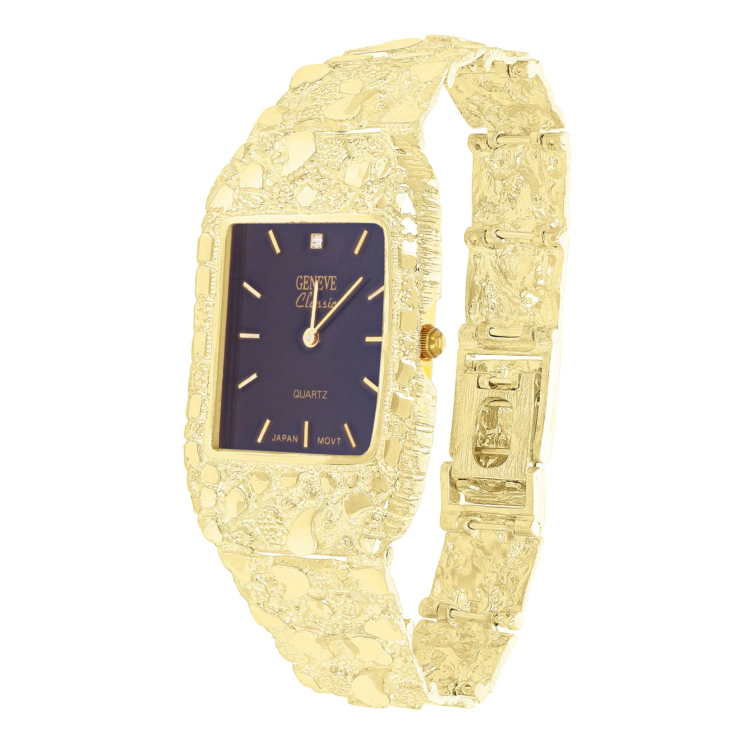 10k Yellow Gold Nugget Bracelet Link Wrist Watch Geneve with Diamond 8.5-9" 55g.