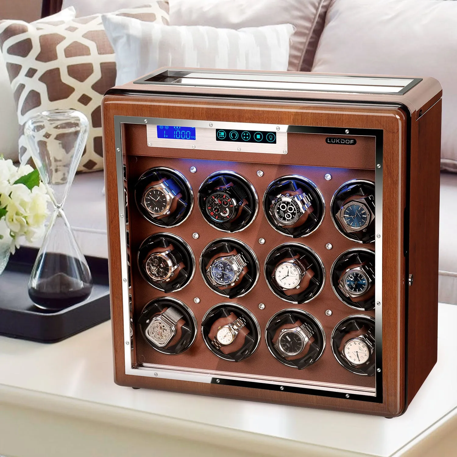 12 6 Pieces Watch Winder in Walnut Wooden Finish, LUKDOF