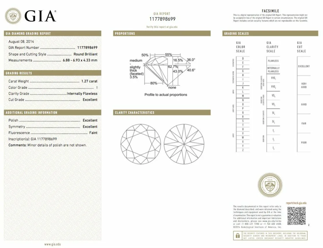 1.27CT Diamond I Color Flawless Natural Round Cut Brilliant GIA Certified