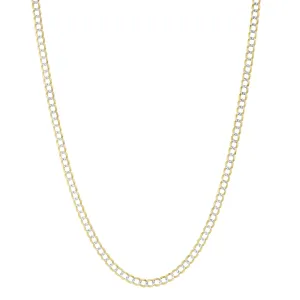 14K Yellow Gold 3MM Solid Cuban Curb Link Two-Tone Pave Chain