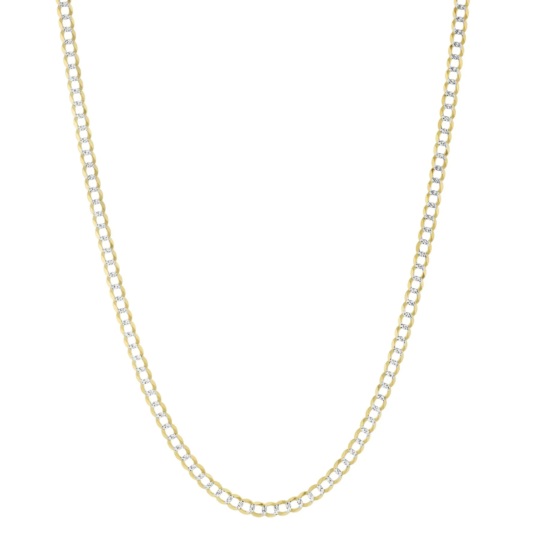 14K Yellow Gold 3MM Solid Cuban Curb Link Two-Tone Pave Chain
