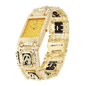 14k Yellow Gold Horse Shoe Black Onyx Bracelet Geneve Diamond Watch 7.5" 80.7g