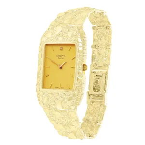 14k Yellow Gold Nugget Bracelet Wrist Watch Link Geneve Diamond Watch 7" 55g