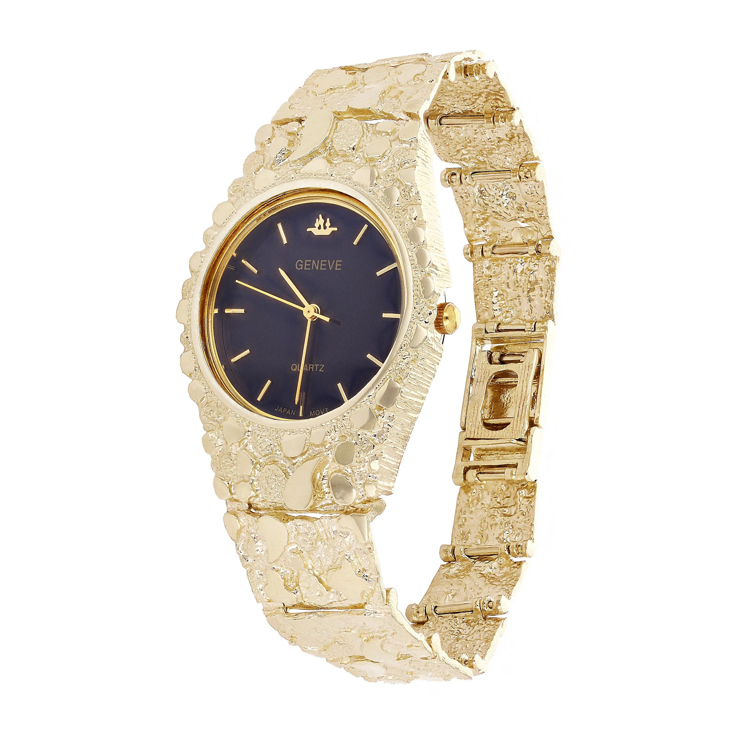 14k Yellow Gold Nugget Link Geneve with Diamond Wrist Watch 8.5-9" 64 grams