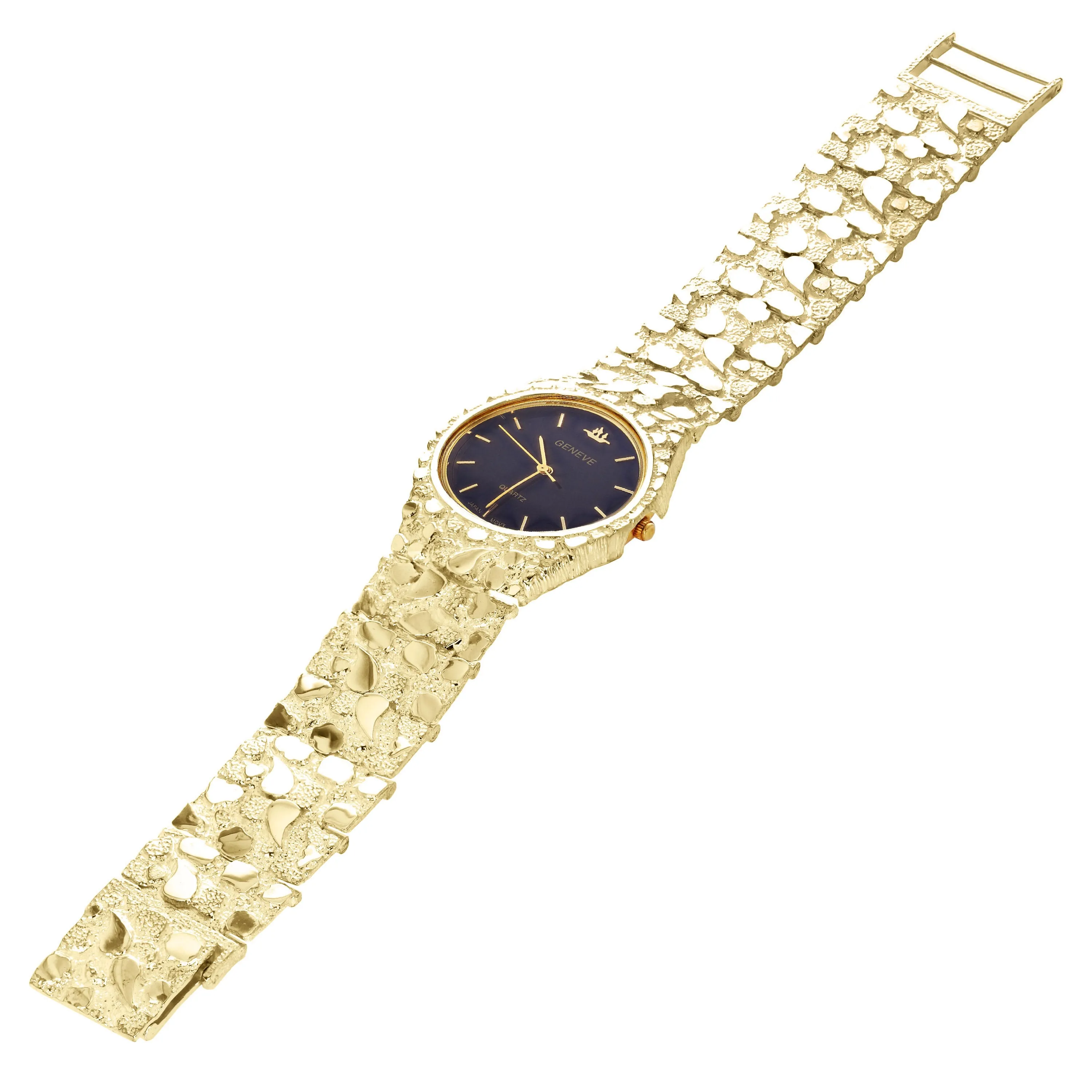 14k Yellow Gold Nugget Link Geneve Wrist Watch Straight Band Adj. 8.5-9" 85 gram