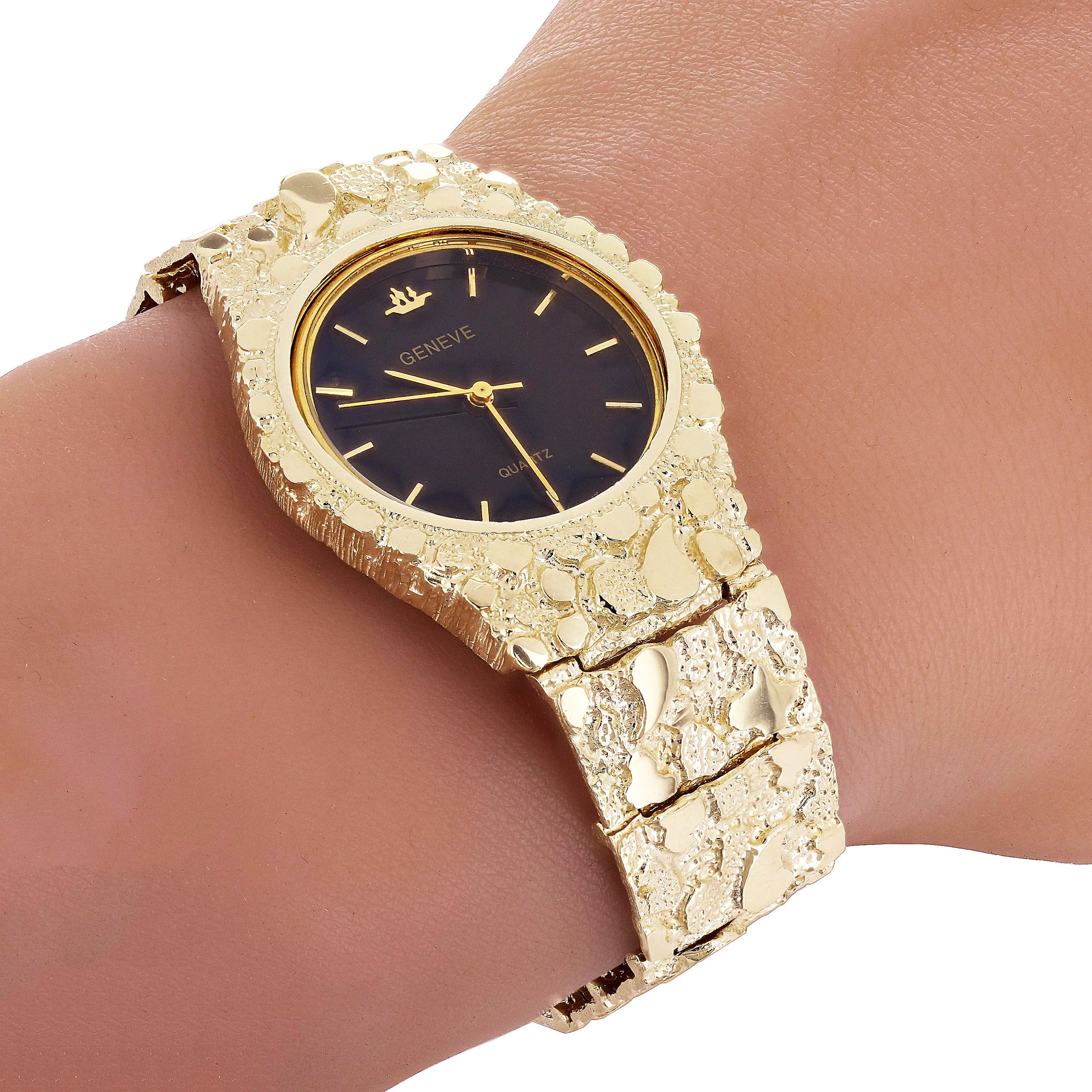 14k Yellow Gold Nugget Link Geneve Wrist Watch Straight Band Adj. 8.5-9" 85 gram
