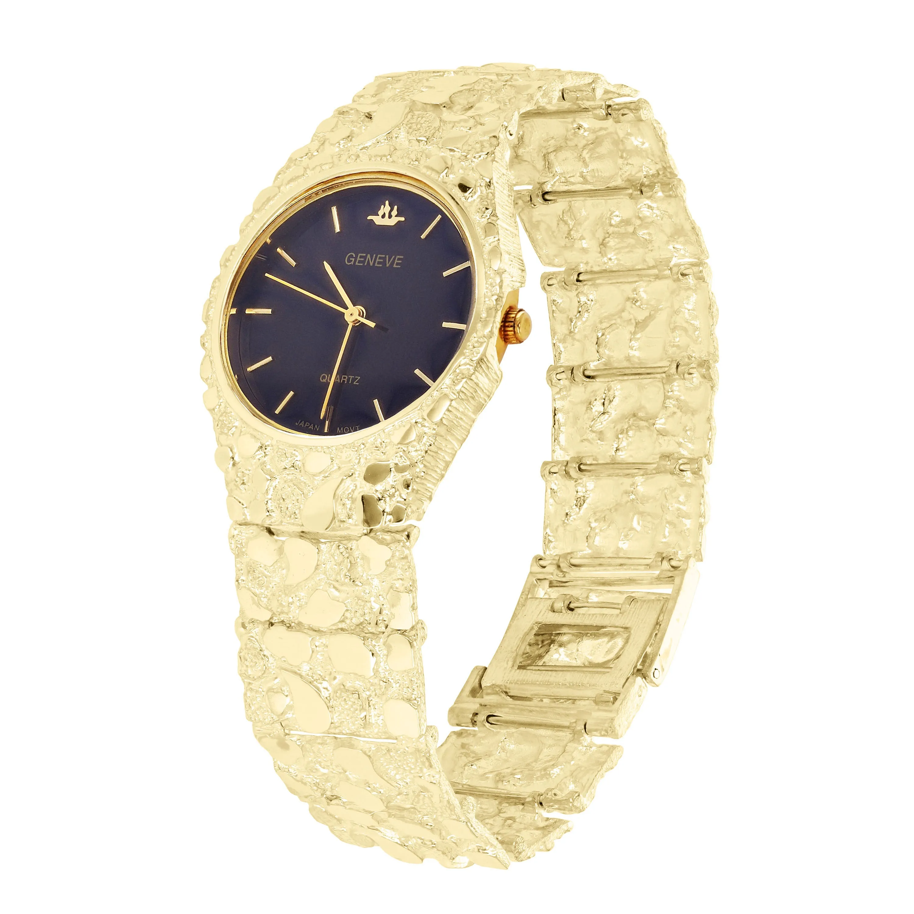 14k Yellow Gold Nugget Link Geneve Wrist Watch Straight Band Adj. 8.5-9" 85 gram