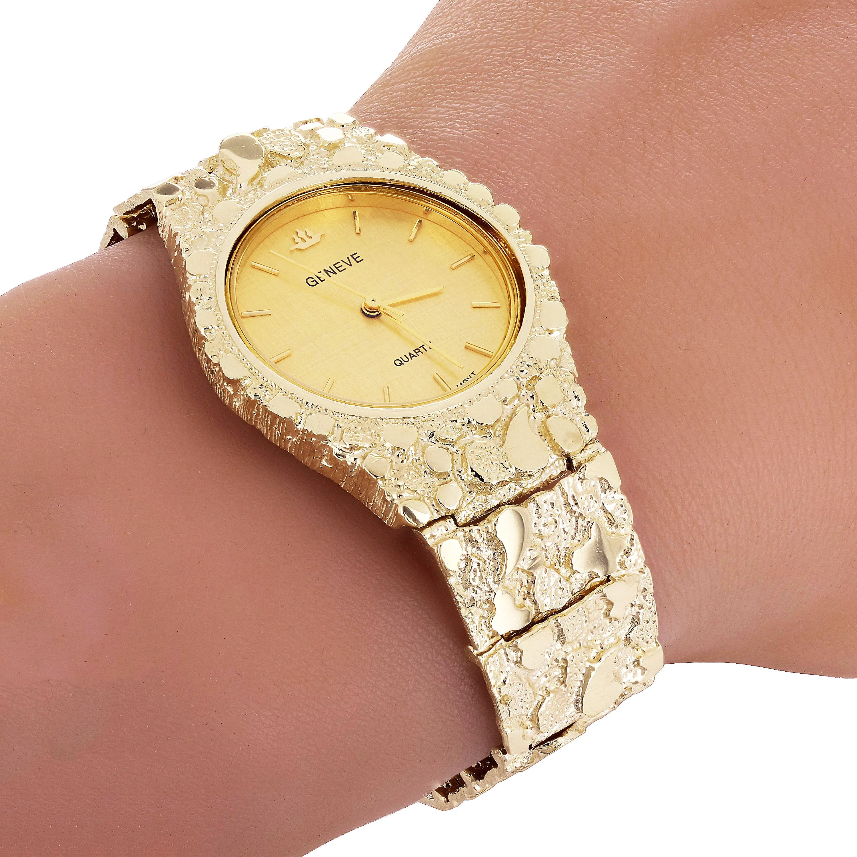 14k Yellow Gold Nugget Link Geneve Wrist Watch Straight Band Adj.7-7.5" 70 grams