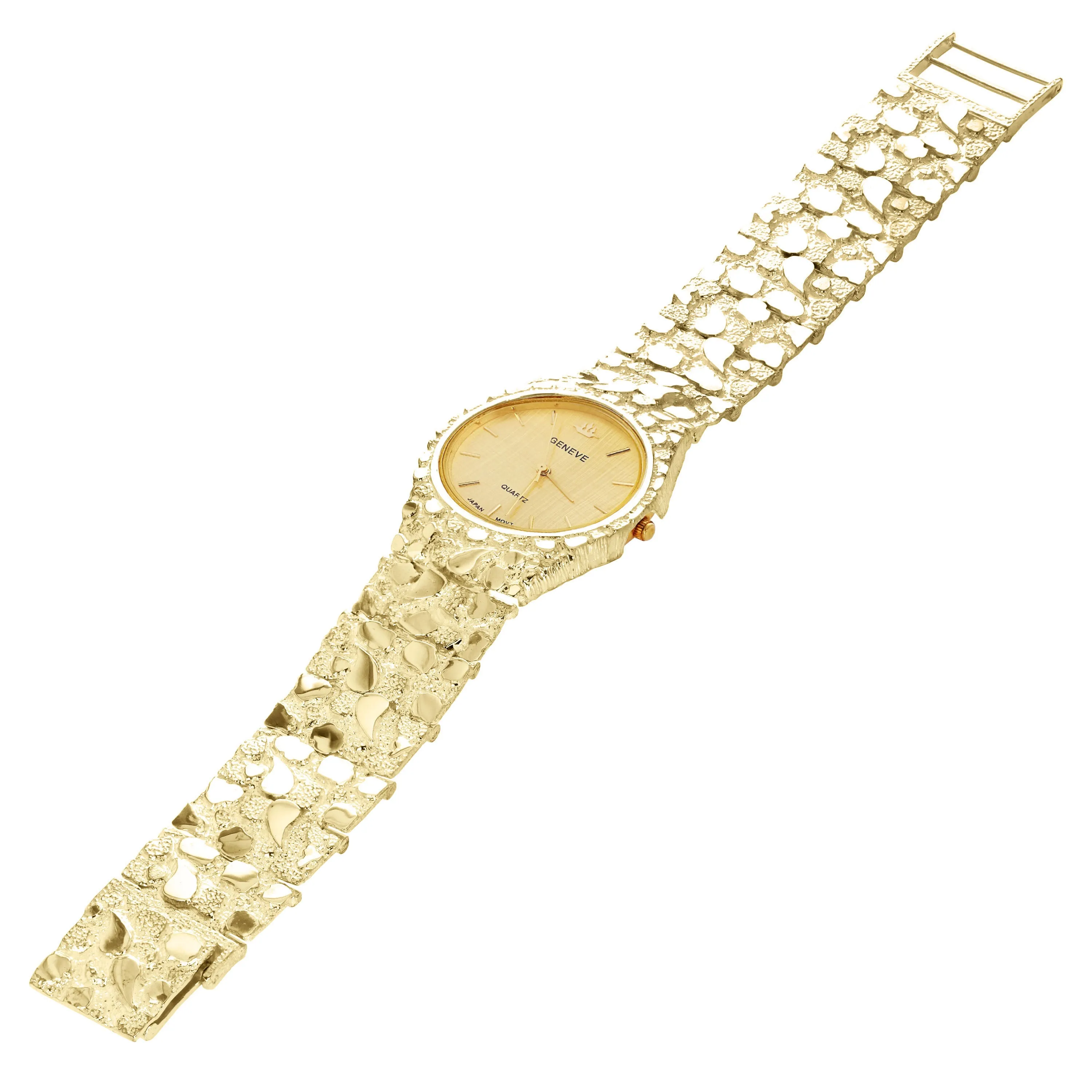 14k Yellow Gold Nugget Link Geneve Wrist Watch Straight Band Adj.7-7.5" 70 grams