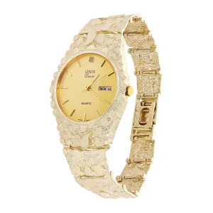 14k Yellow Gold Nugget Link Geneve Wrist Watch with Diamond 7.5-8" 56 grams