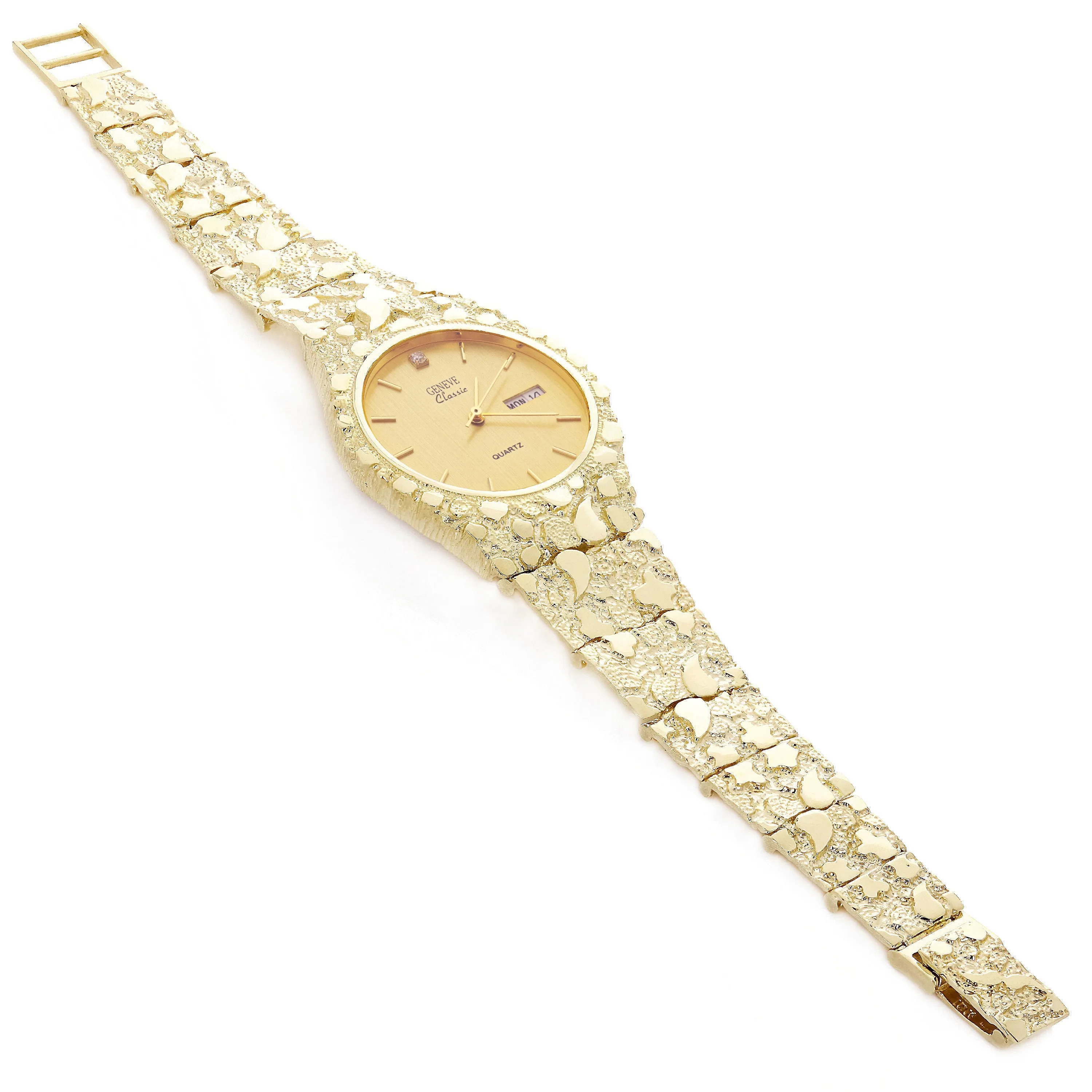 14k Yellow Gold Nugget Link Geneve Wrist Watch with Diamond 7.5-8" 56 grams
