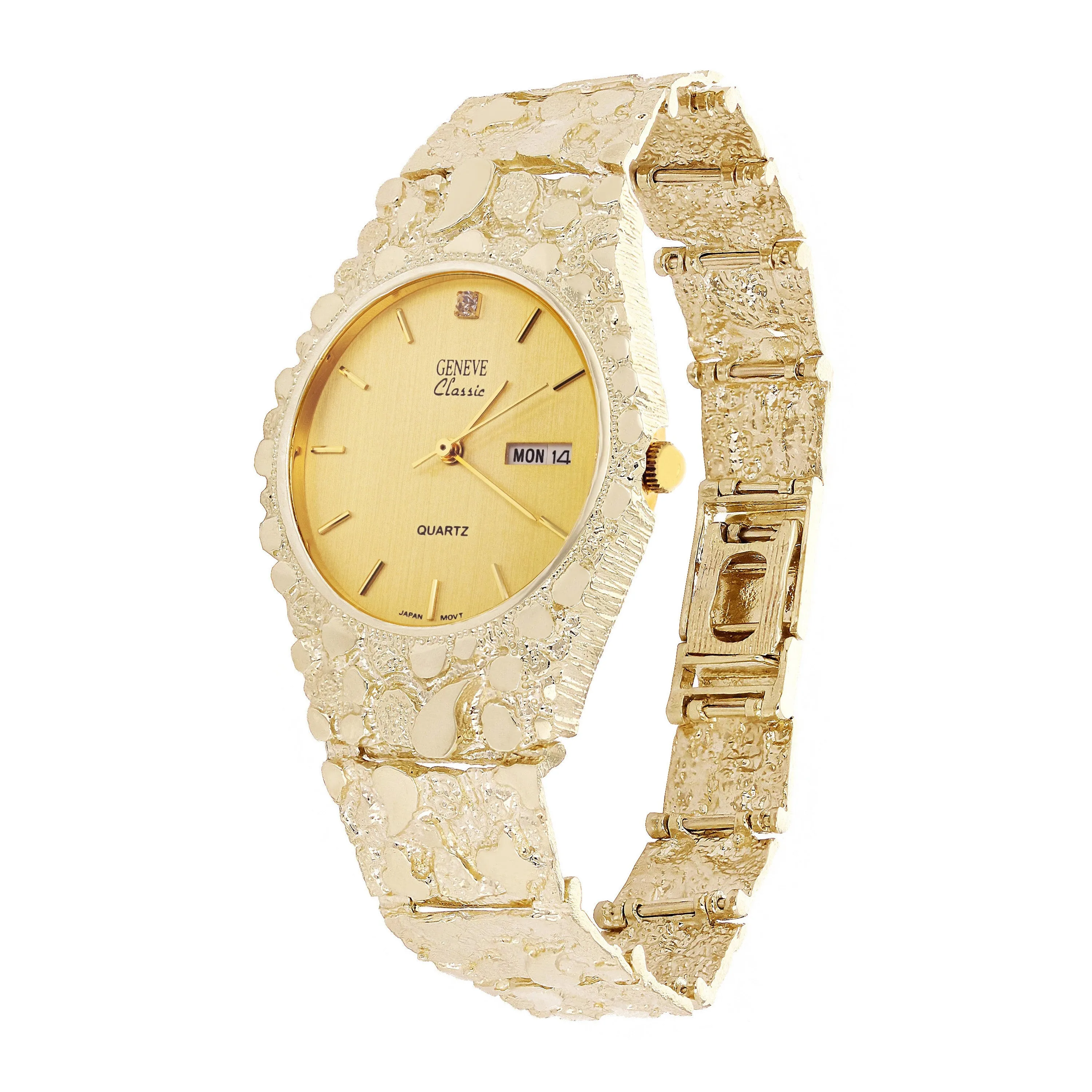 14k Yellow Gold Nugget Link Geneve Wrist Watch with Diamond 7.5-8" 56 grams
