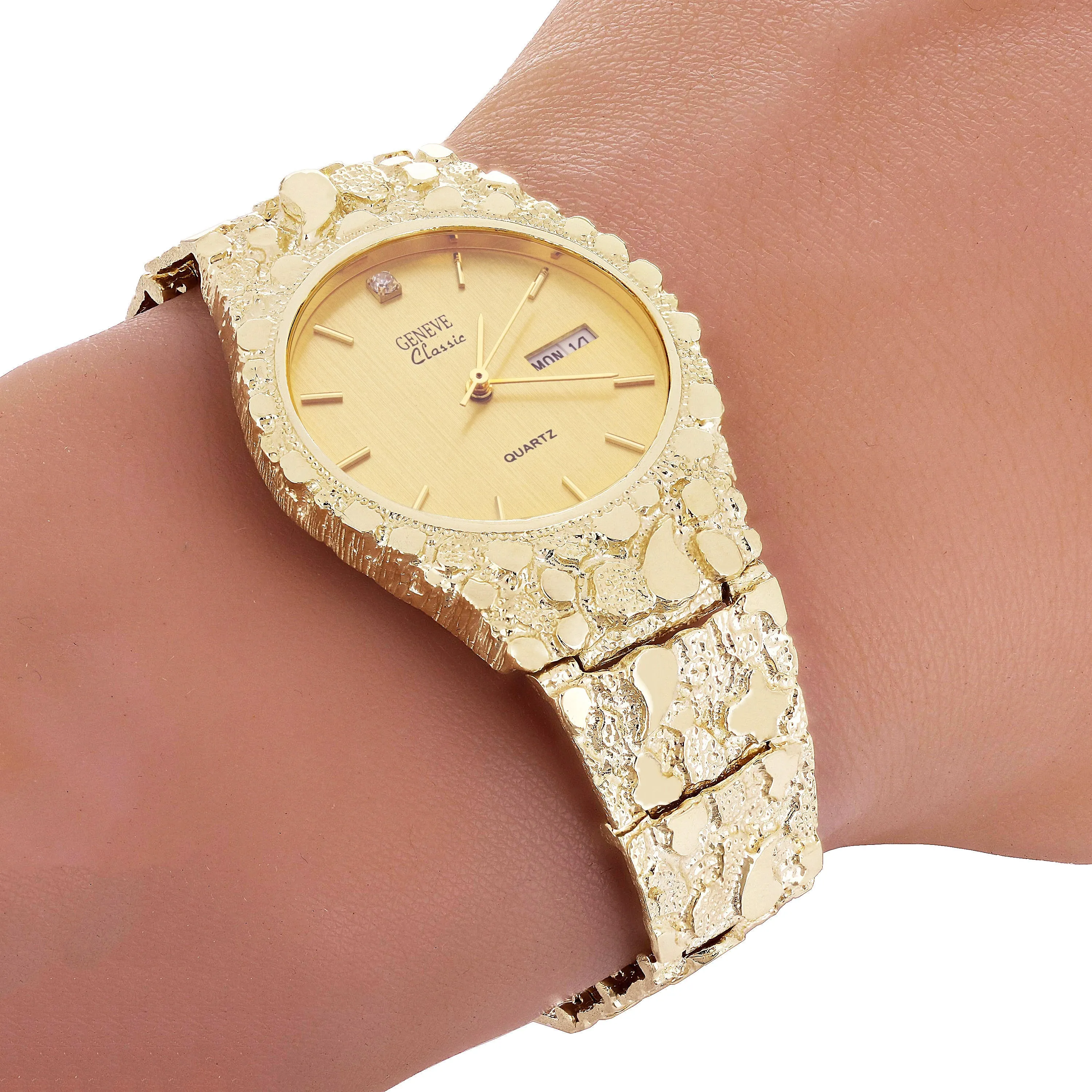 14k Yellow Gold Nugget Link Geneve Wrist Watch with Diamond 7.5-8" 56 grams