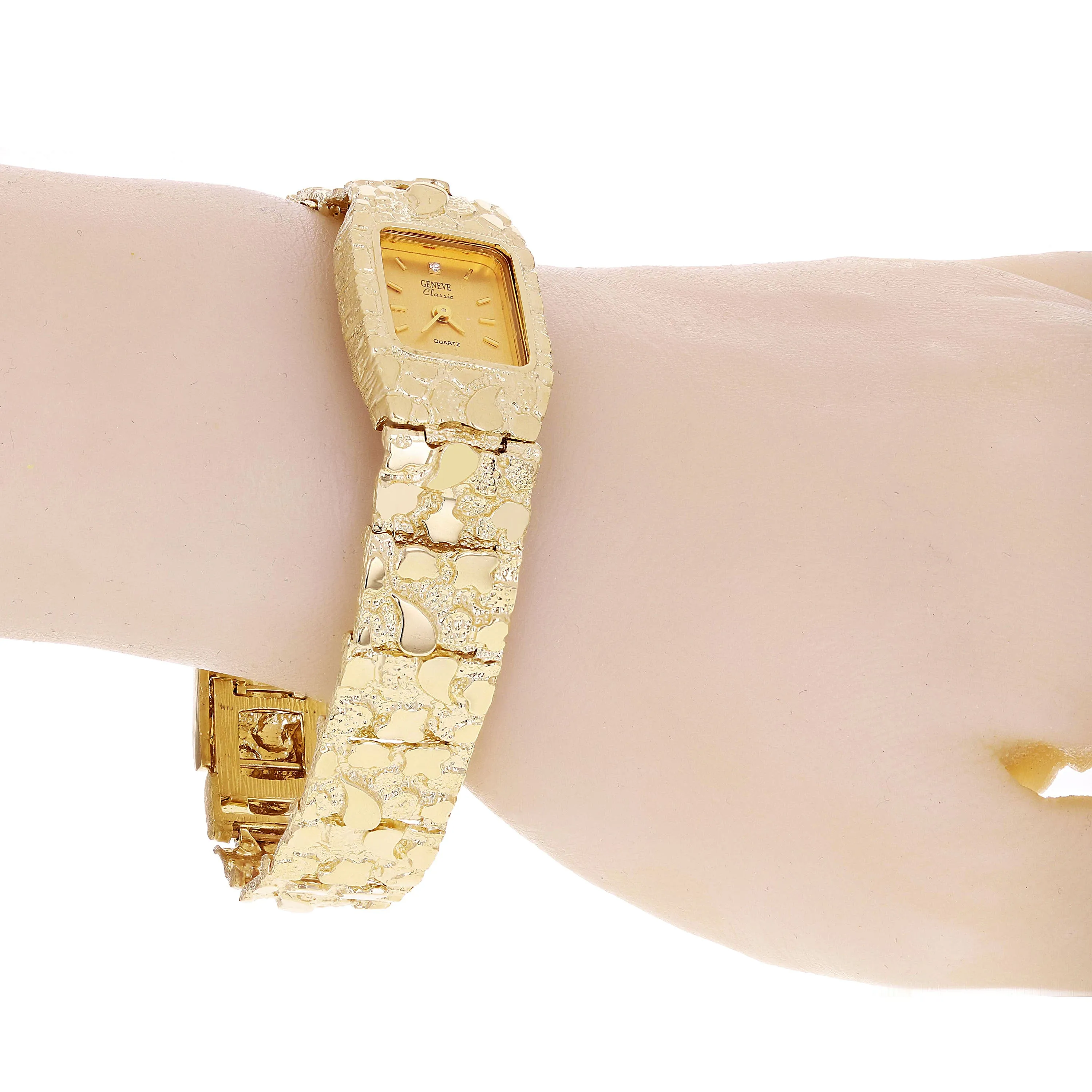 14k Yellow Gold Nugget Link Wrist Watch Bracelet Geneve Diamond Watch 6.5-7" 42g