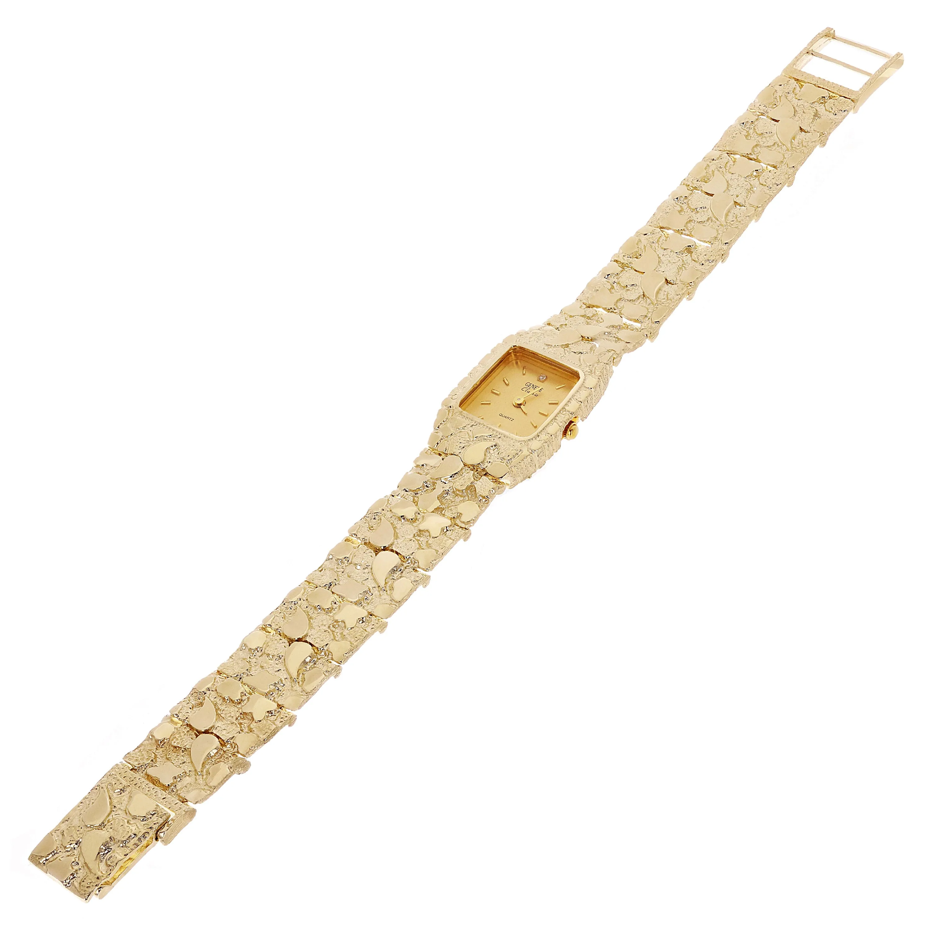 14k Yellow Gold Nugget Link Wrist Watch Bracelet Geneve Diamond Watch 6.5-7" 42g