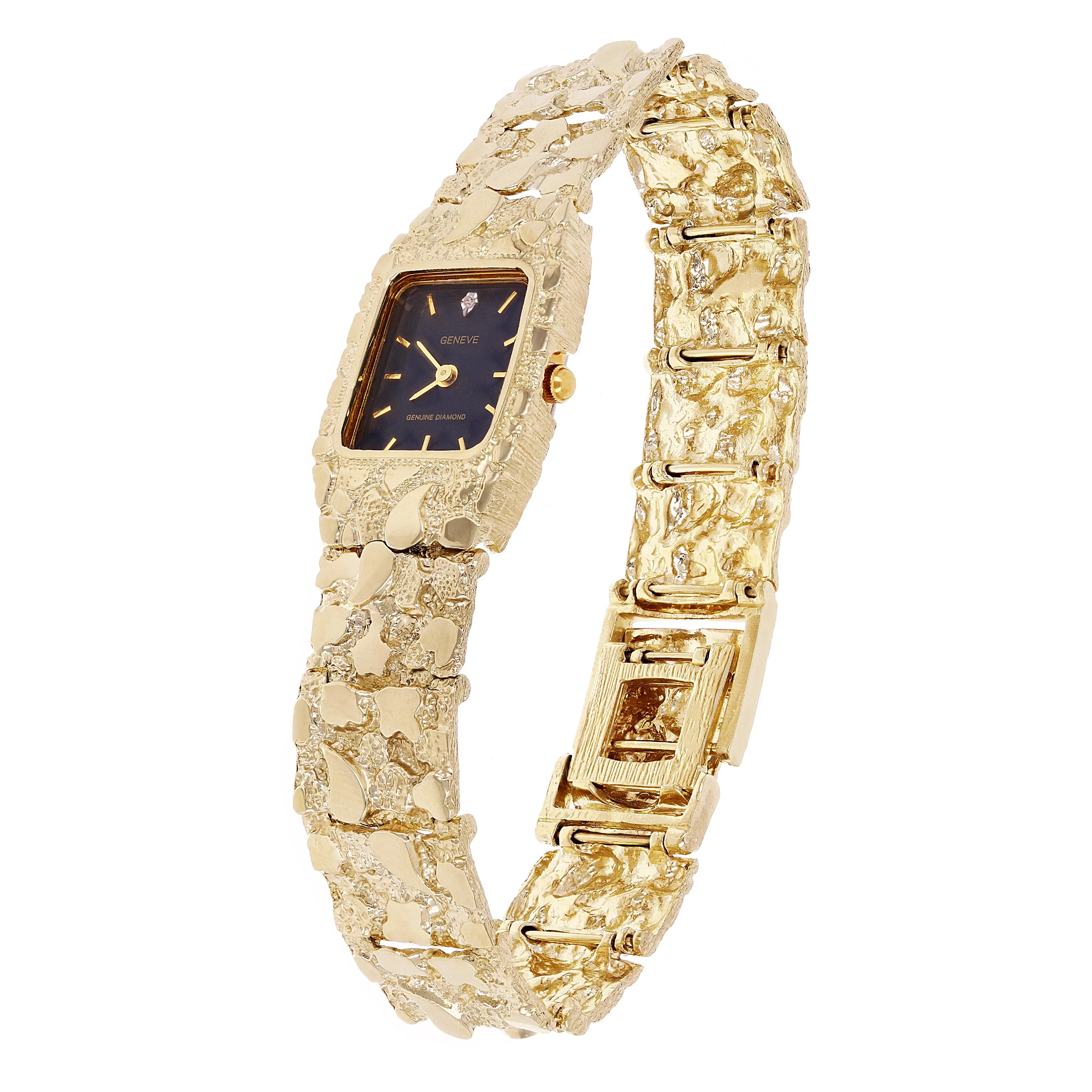 14k Yellow Gold Nugget Link Wrist Watch Bracelet Geneve Diamond Watch 7.5" 48.5g