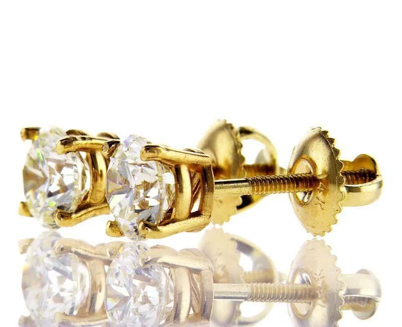 1.5 CT VVS2 Diamond Studs Earrings Yellow Gold Screw Back Natural Round Cut GIA