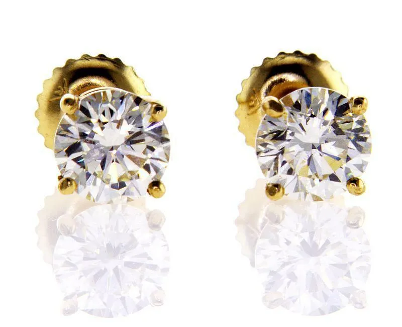 1.5 CT VVS2 Diamond Studs Earrings Yellow Gold Screw Back Natural Round Cut GIA