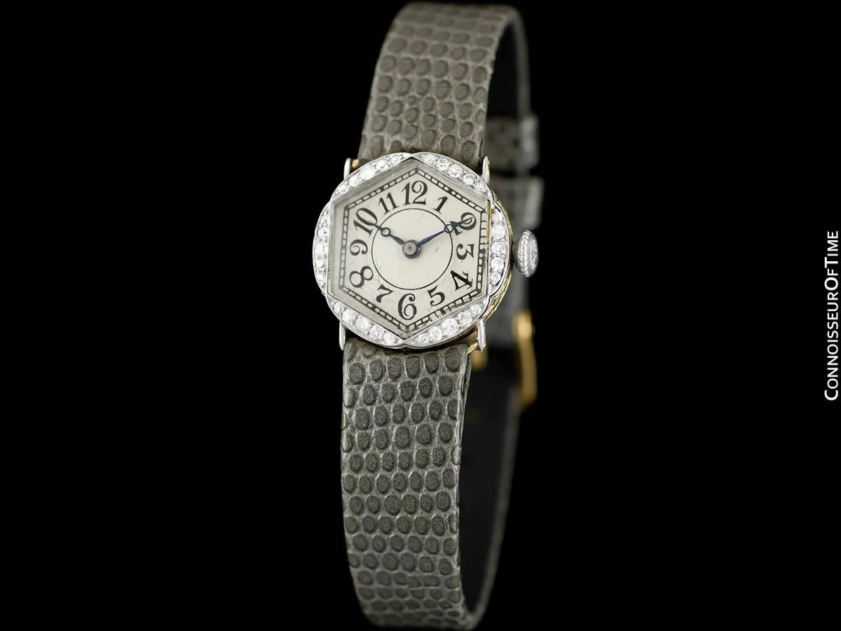 1930's Cresarrow Vintage Art Deco Ladies Watch - 18K Gold & Diamonds (Platinum)