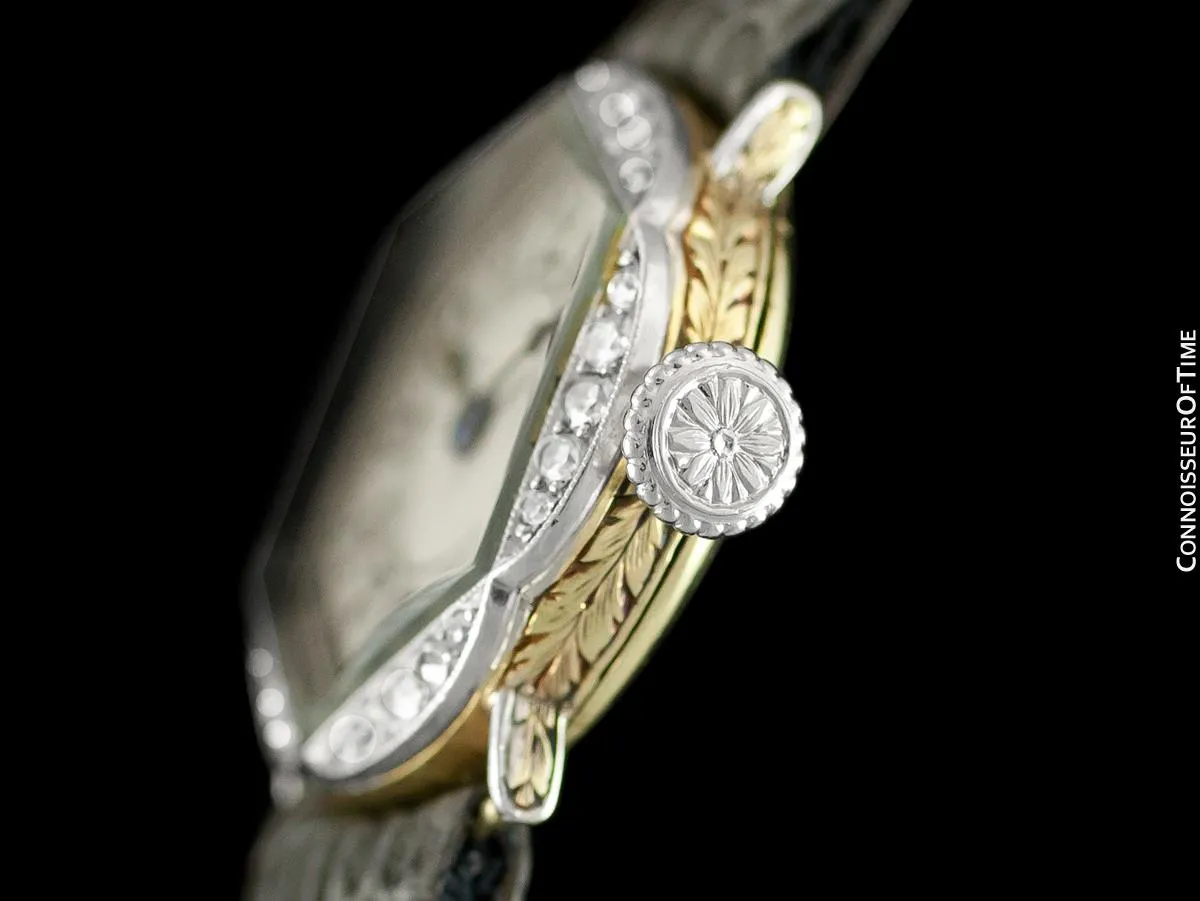 1930's Cresarrow Vintage Art Deco Ladies Watch - 18K Gold & Diamonds (Platinum)