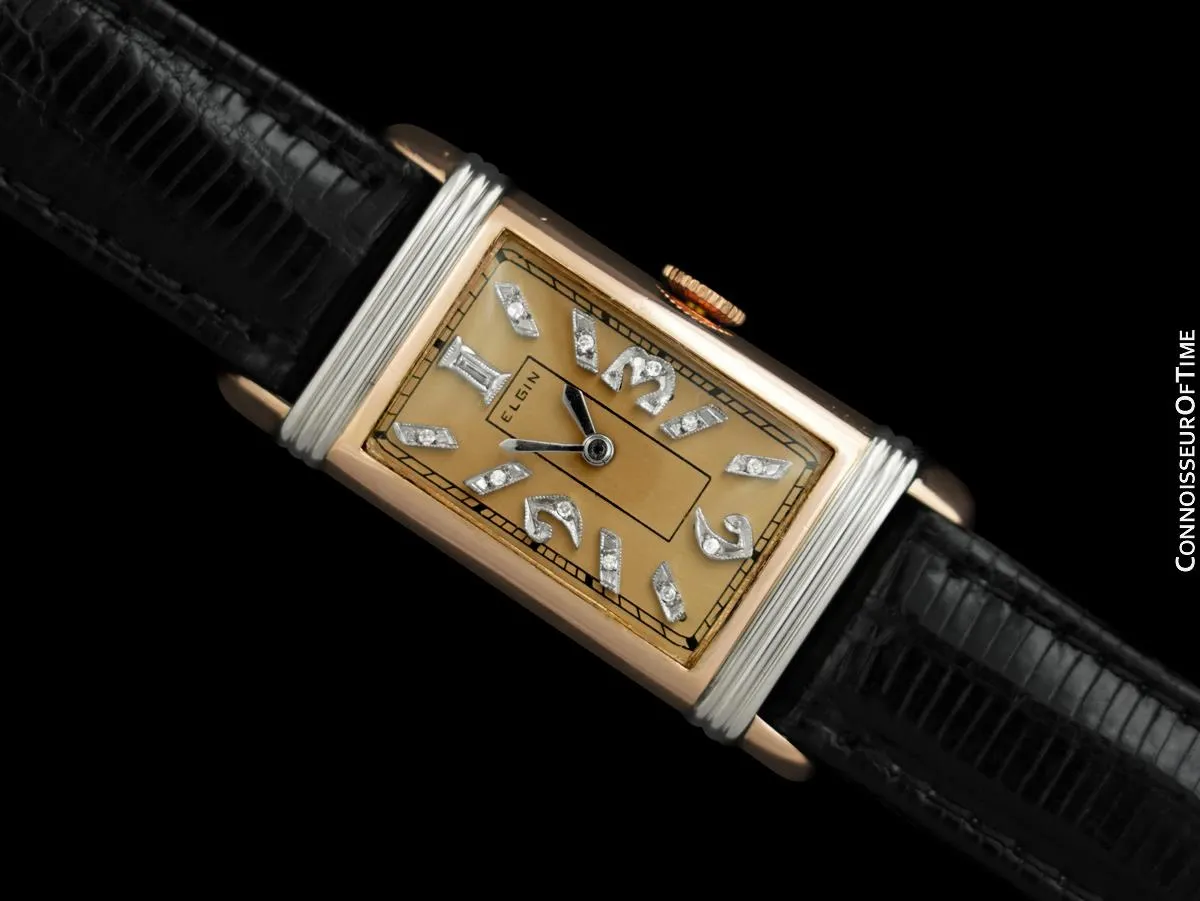 1937 Elgin Vintage Art Deco Mens Watch with Gadrooned Lugs - 14K Rose & White Gold with Diamonds
