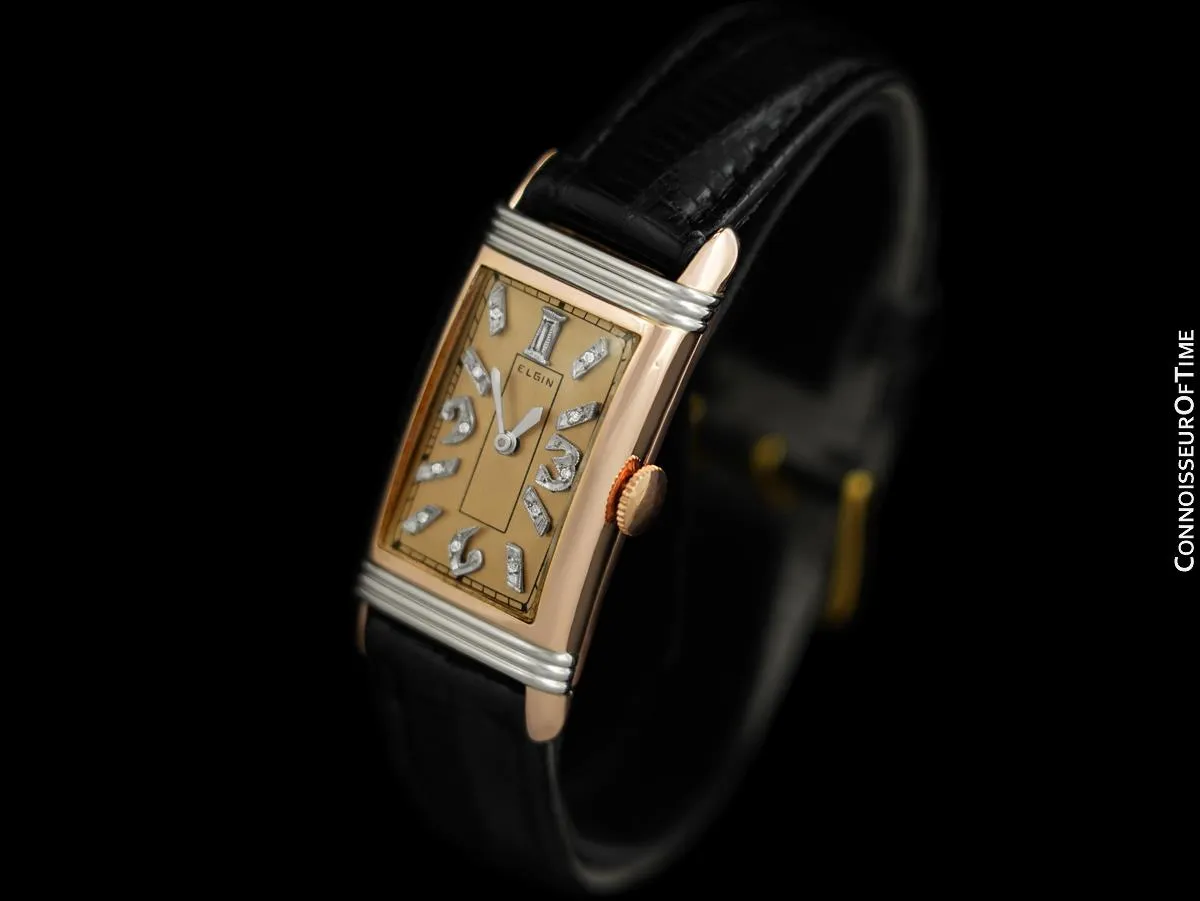 1937 Elgin Vintage Art Deco Mens Watch with Gadrooned Lugs - 14K Rose & White Gold with Diamonds