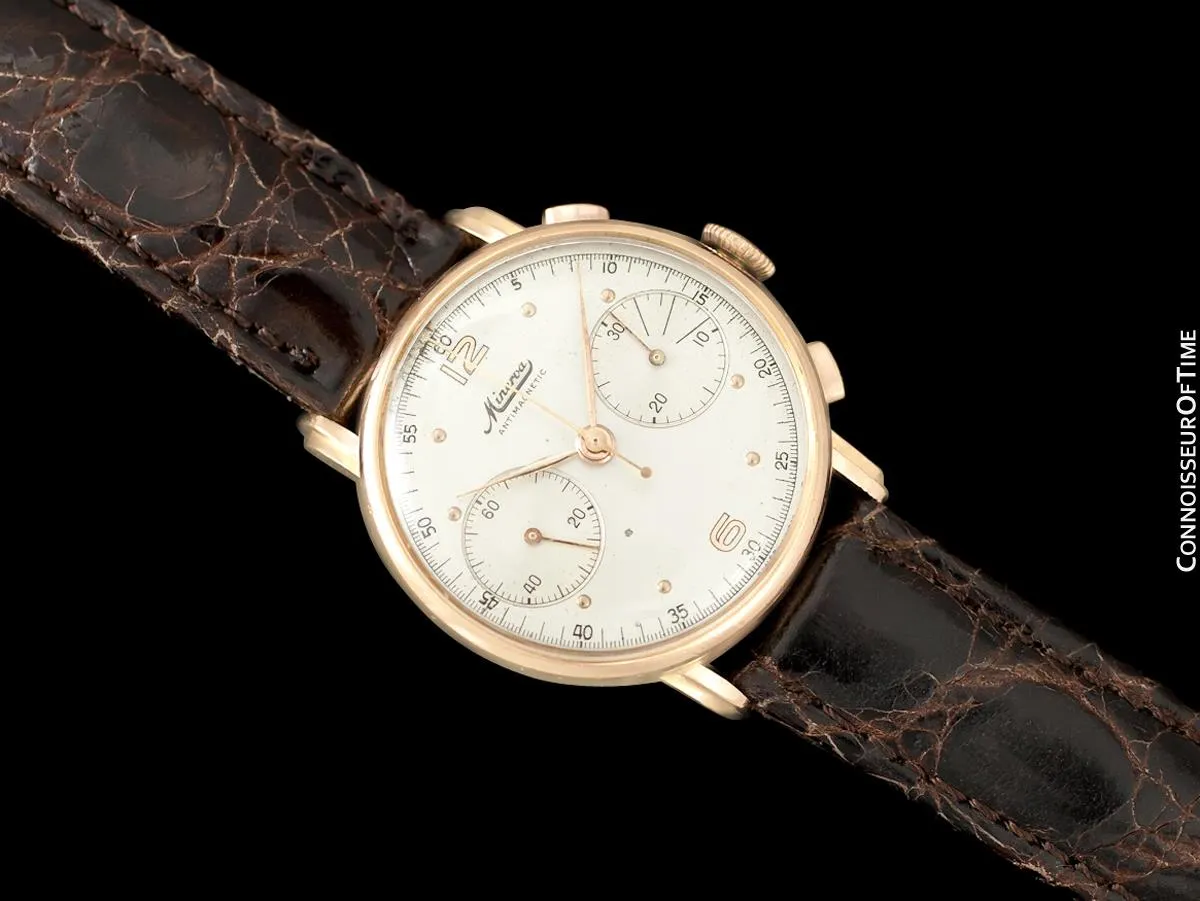 1940's Minerva Vintage Mens 13-20 Chronograph Watch with Special Lugs - 18K Rose Gold
