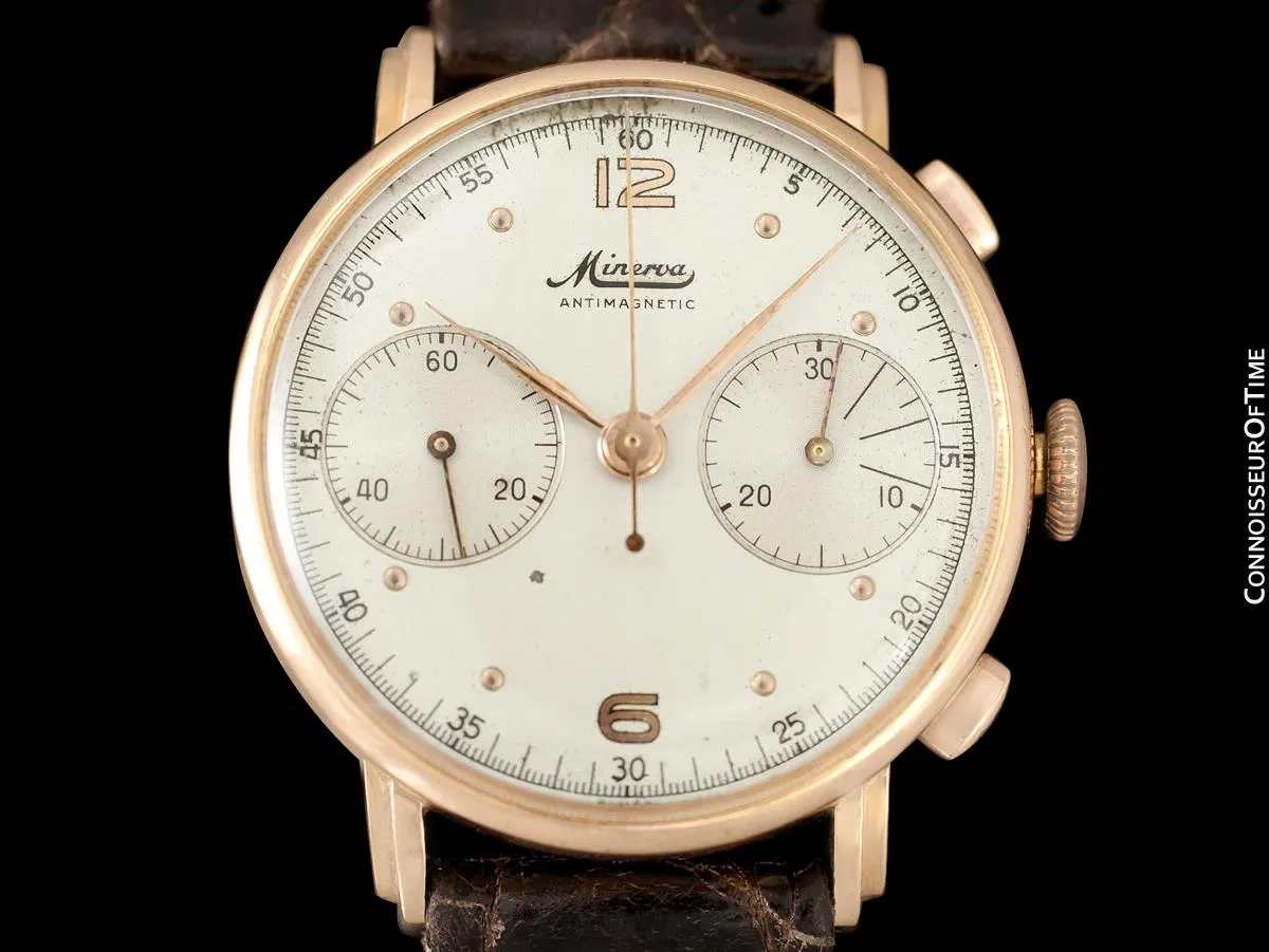 1940's Minerva Vintage Mens 13-20 Chronograph Watch with Special Lugs - 18K Rose Gold