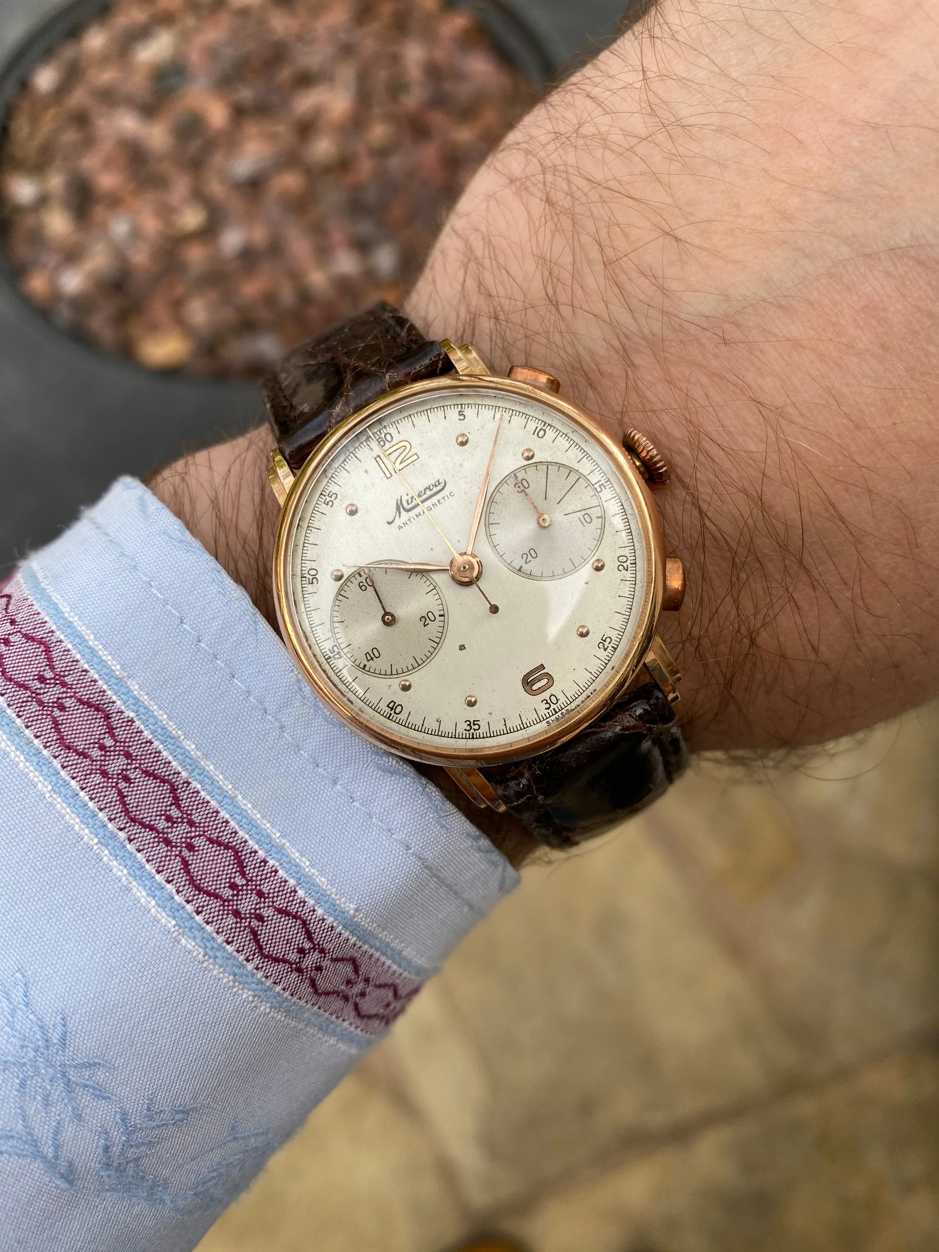 1940's Minerva Vintage Mens 13-20 Chronograph Watch with Special Lugs - 18K Rose Gold