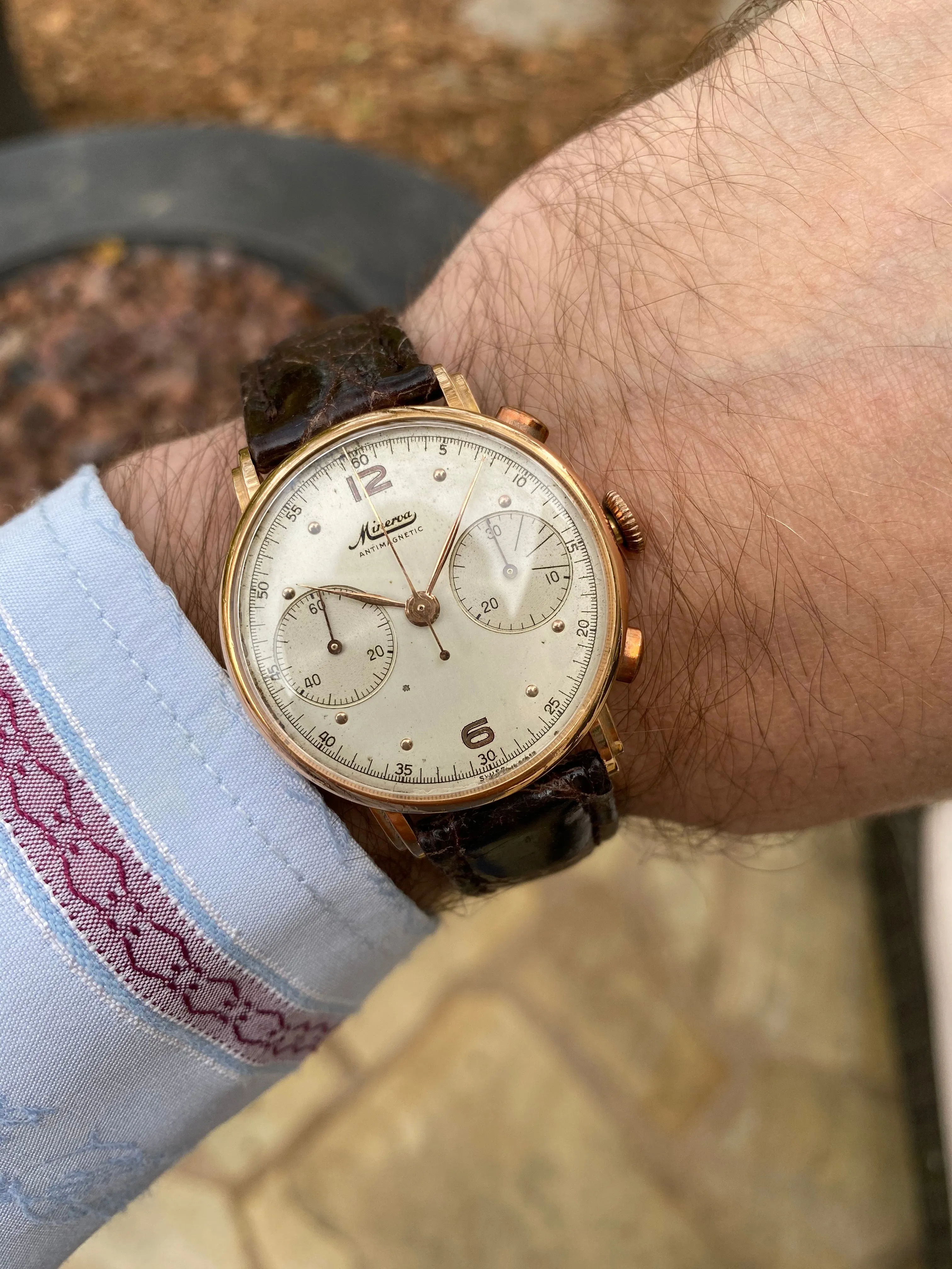 1940's Minerva Vintage Mens 13-20 Chronograph Watch with Special Lugs - 18K Rose Gold