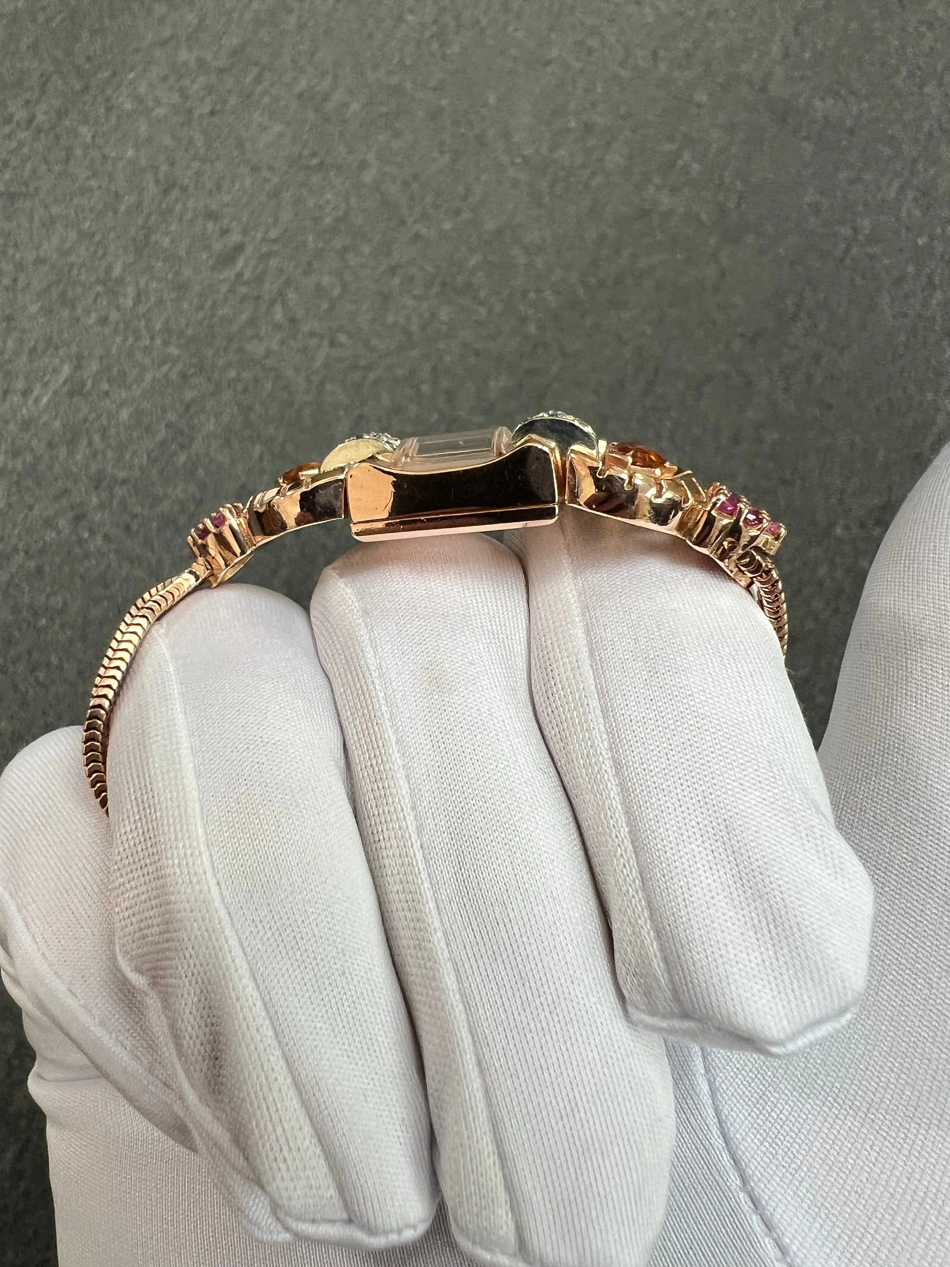 1940s Retro Pink Gold Citrine Ruby Diamond Wristwatch