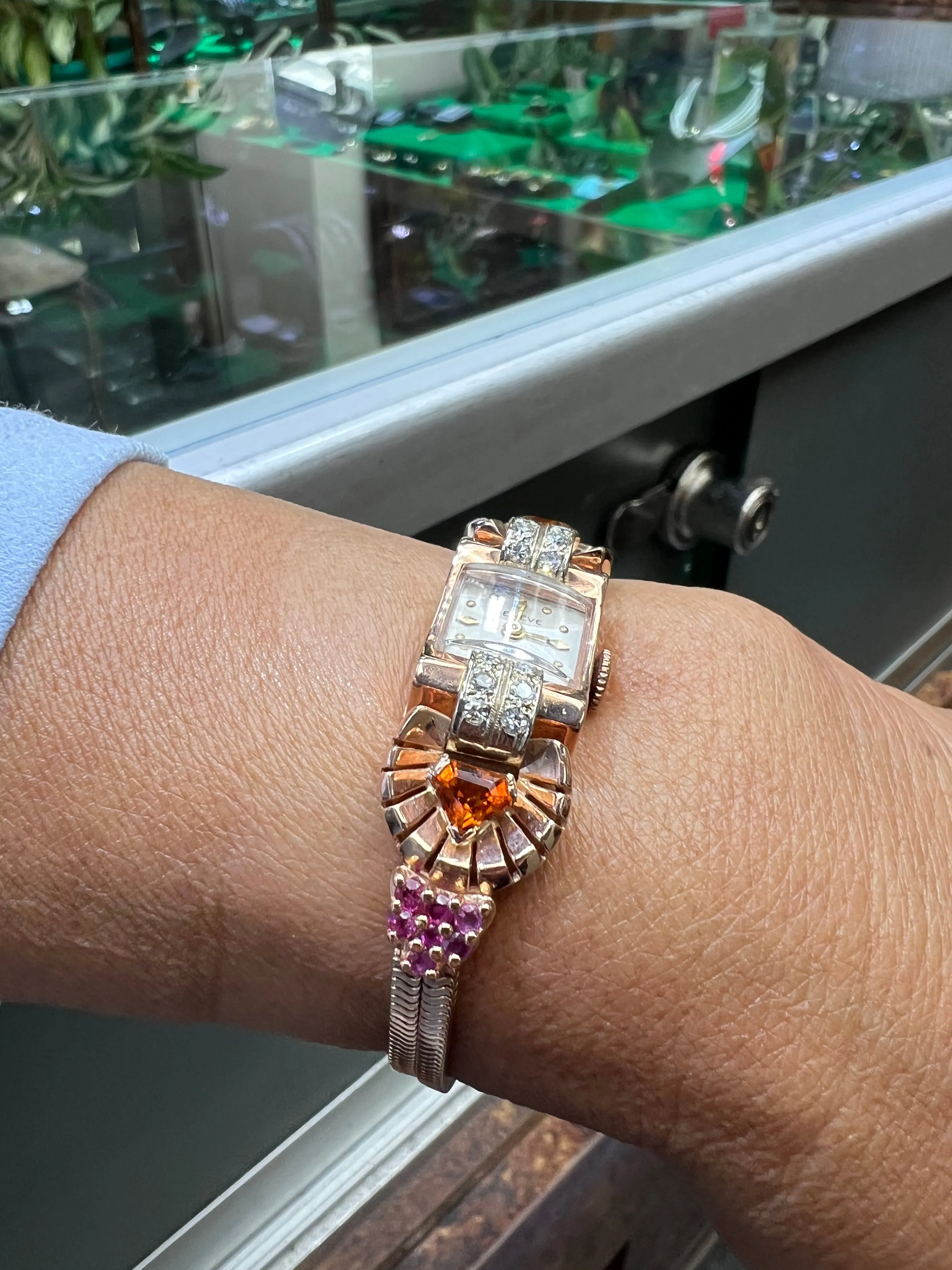 1940s Retro Pink Gold Citrine Ruby Diamond Wristwatch
