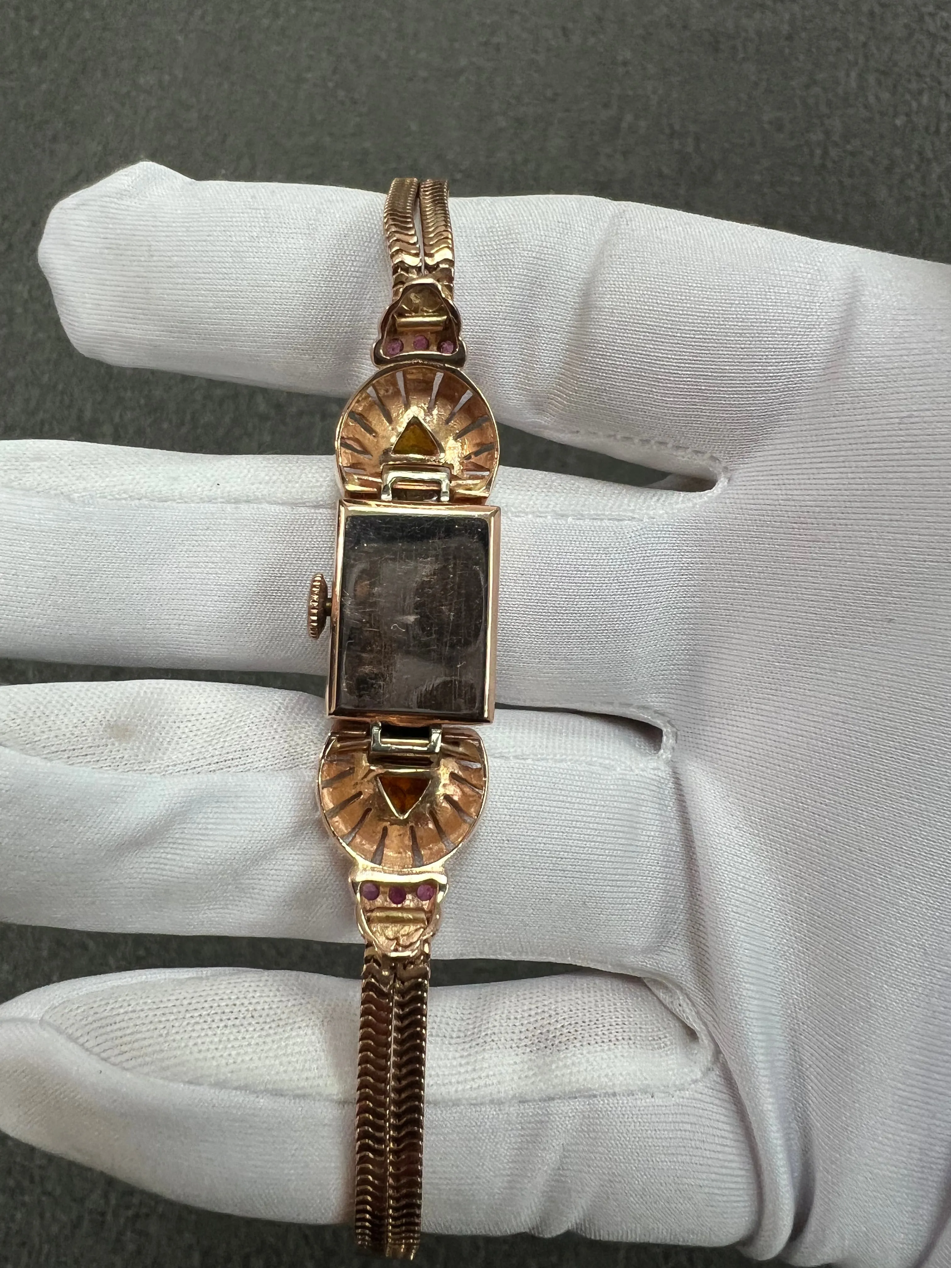 1940s Retro Pink Gold Citrine Ruby Diamond Wristwatch