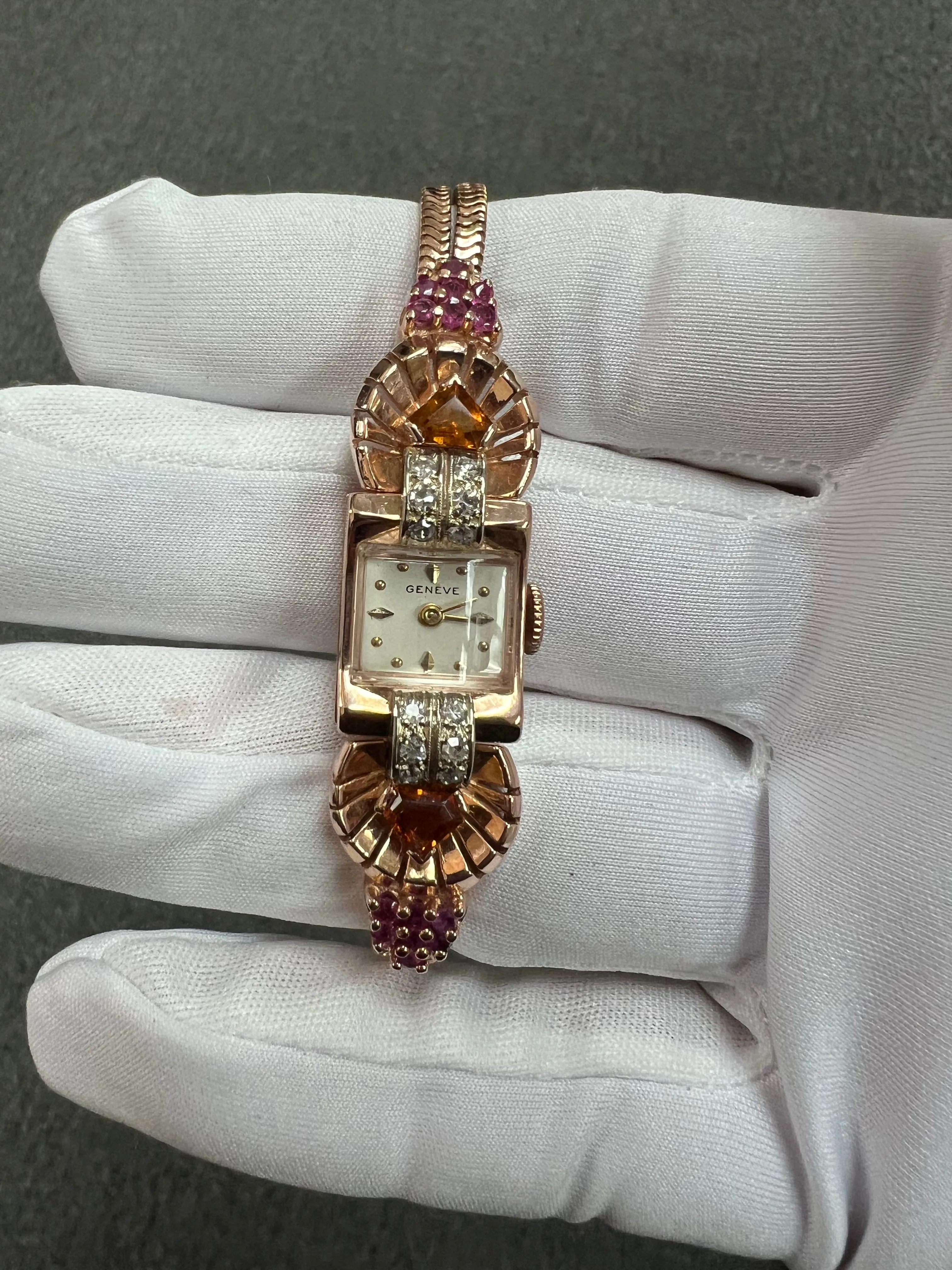 1940s Retro Pink Gold Citrine Ruby Diamond Wristwatch
