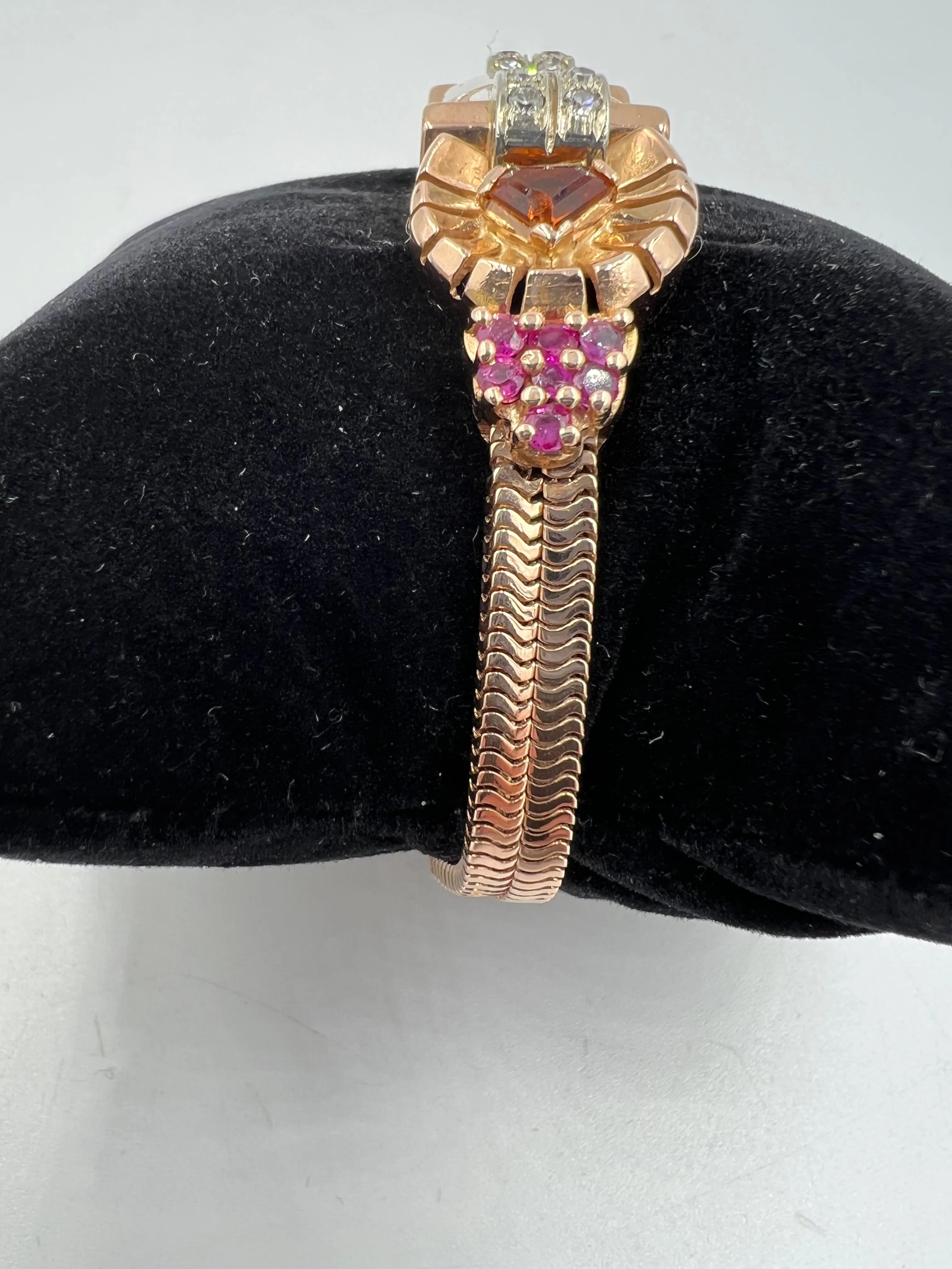 1940s Retro Pink Gold Citrine Ruby Diamond Wristwatch