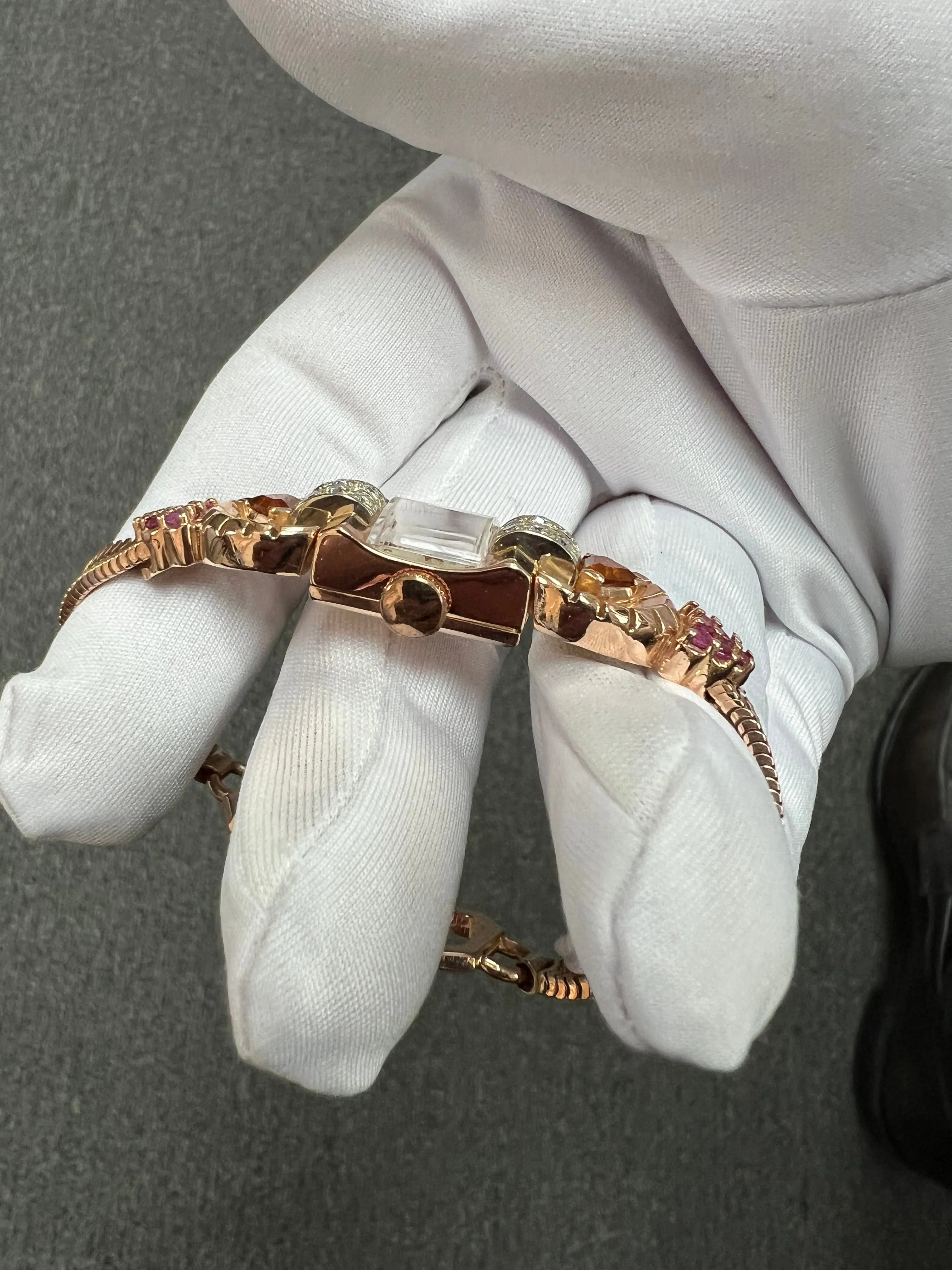 1940s Retro Pink Gold Citrine Ruby Diamond Wristwatch