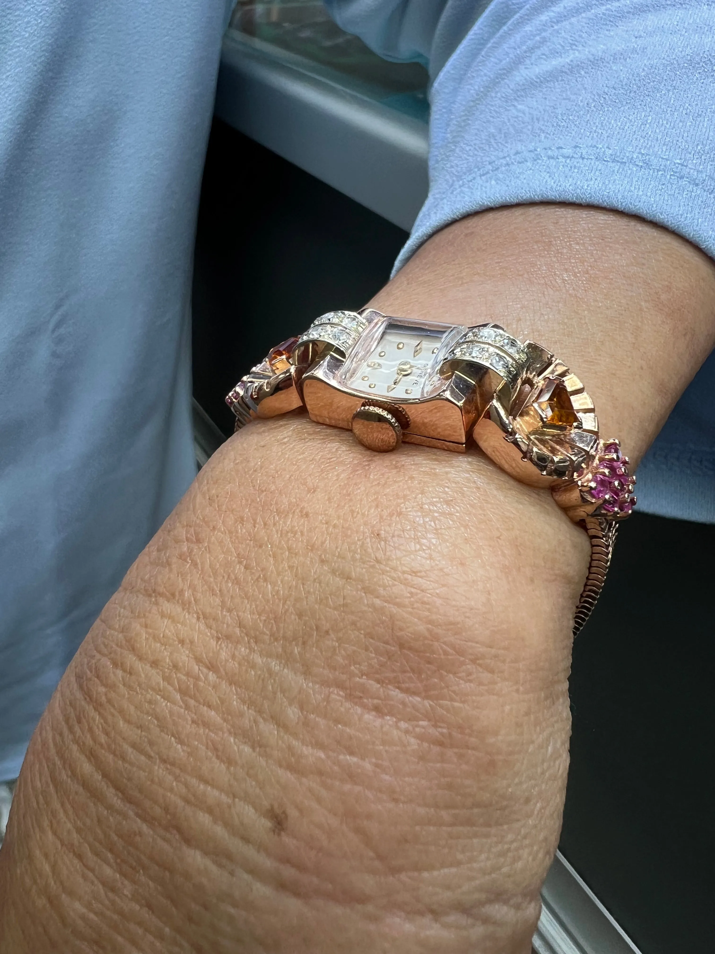 1940s Retro Pink Gold Citrine Ruby Diamond Wristwatch