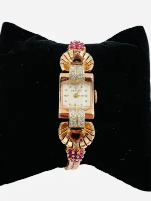 1940s Retro Pink Gold Citrine Ruby Diamond Wristwatch