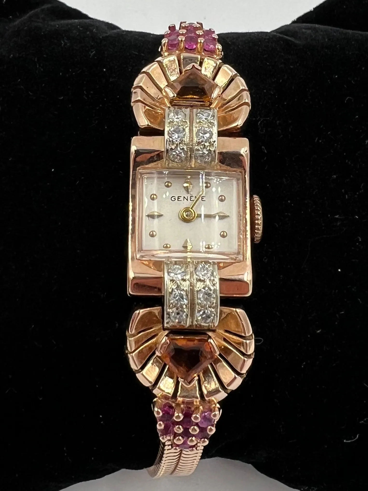 1940s Retro Pink Gold Citrine Ruby Diamond Wristwatch