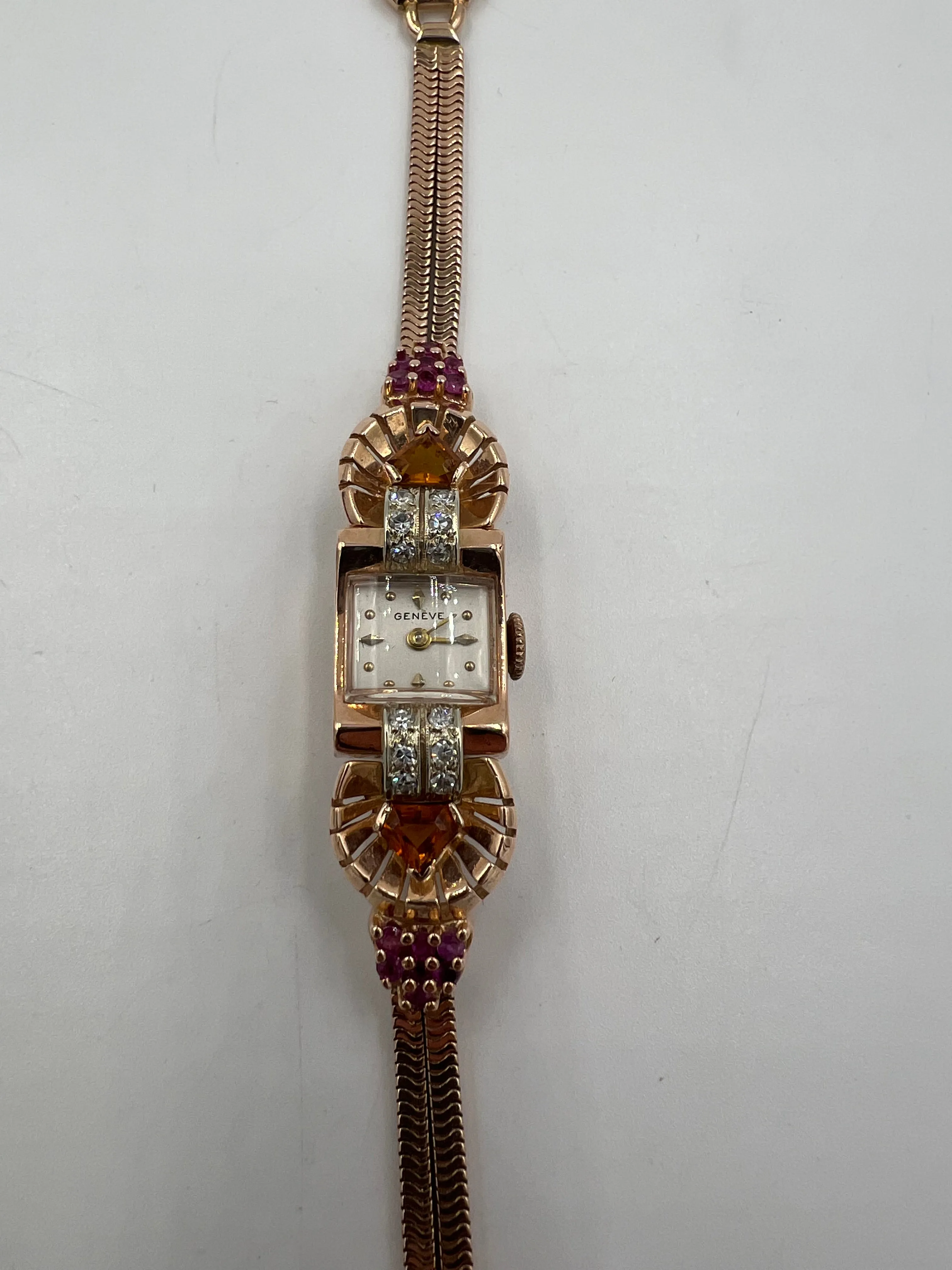 1940s Retro Pink Gold Citrine Ruby Diamond Wristwatch