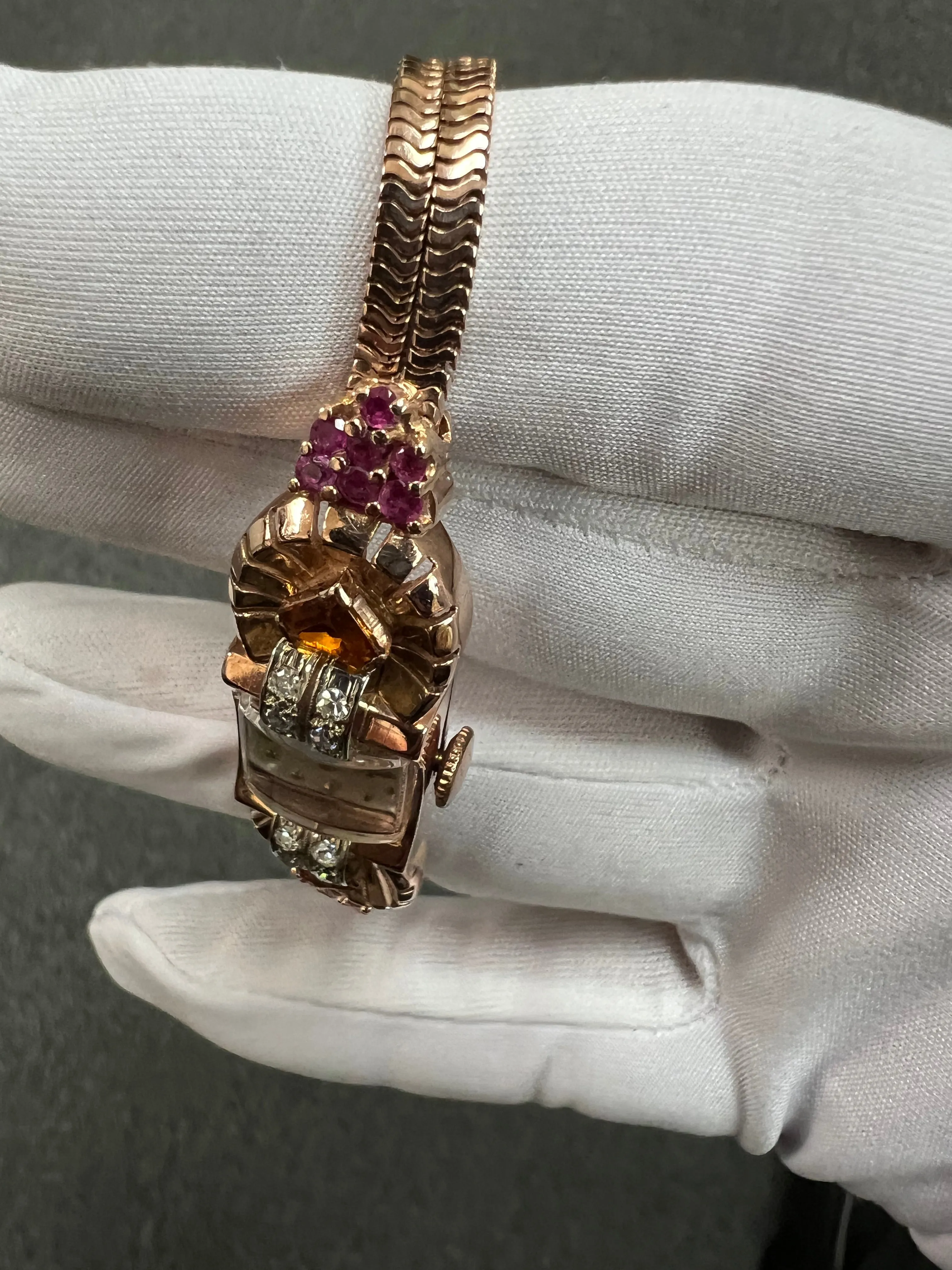1940s Retro Pink Gold Citrine Ruby Diamond Wristwatch