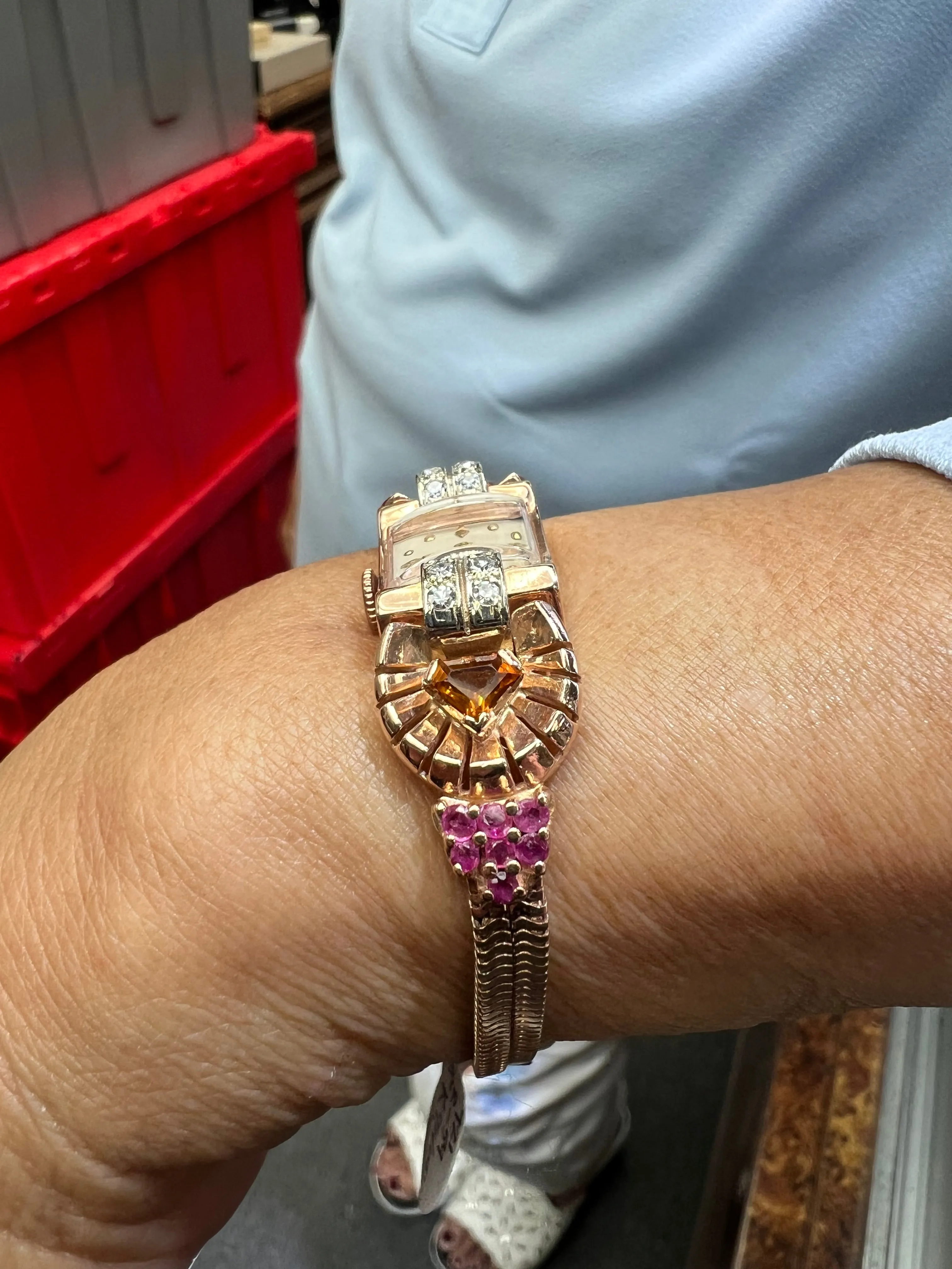 1940s Retro Pink Gold Citrine Ruby Diamond Wristwatch