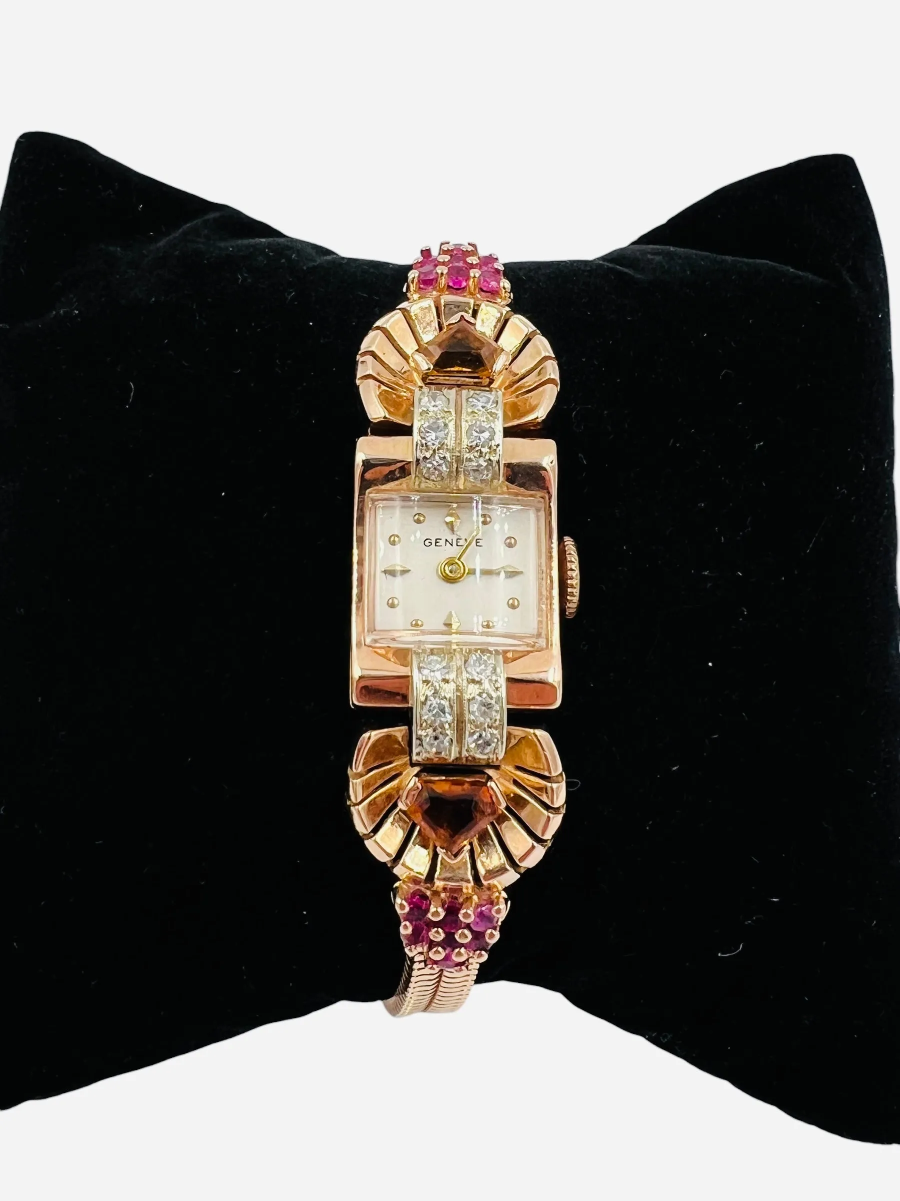 1940s Retro Pink Gold Citrine Ruby Diamond Wristwatch
