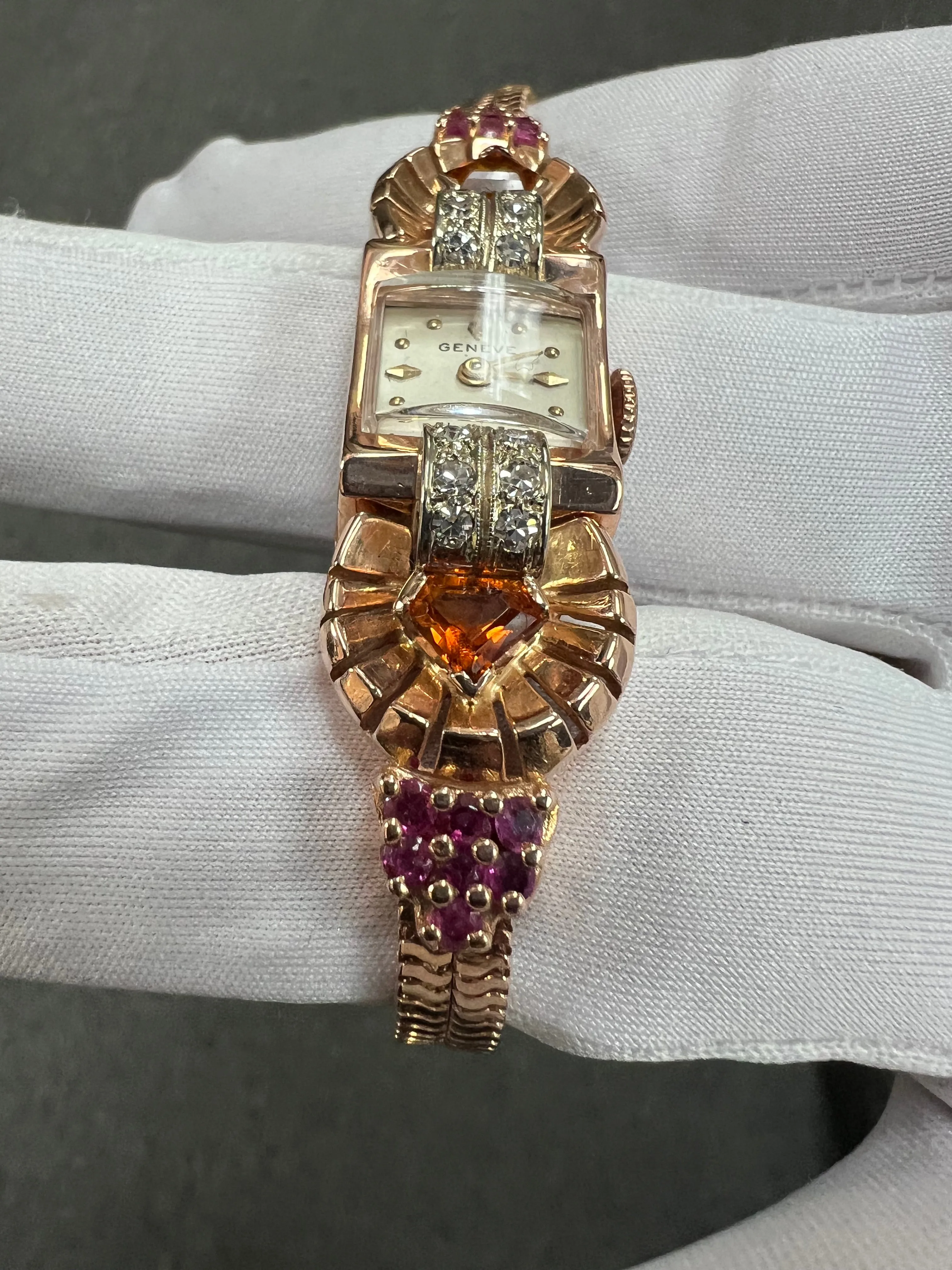 1940s Retro Pink Gold Citrine Ruby Diamond Wristwatch