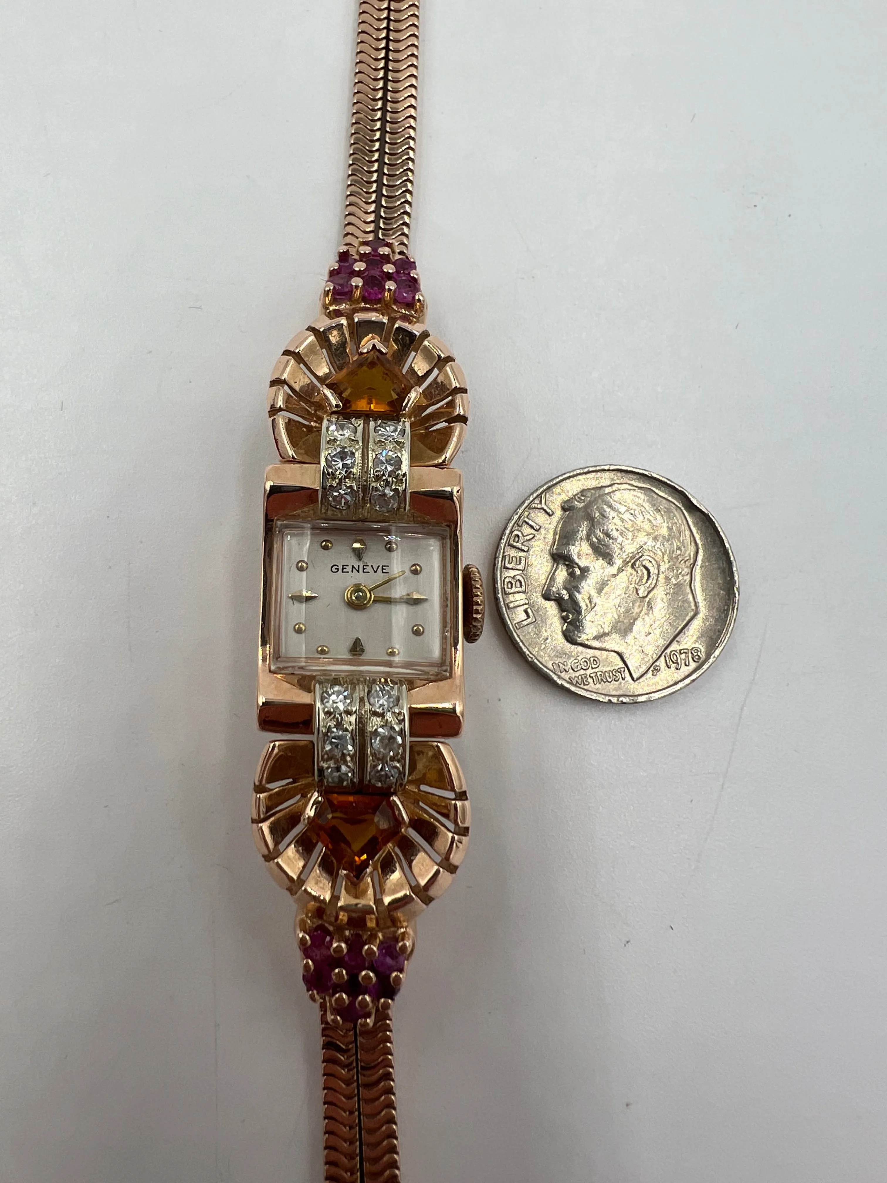 1940s Retro Pink Gold Citrine Ruby Diamond Wristwatch