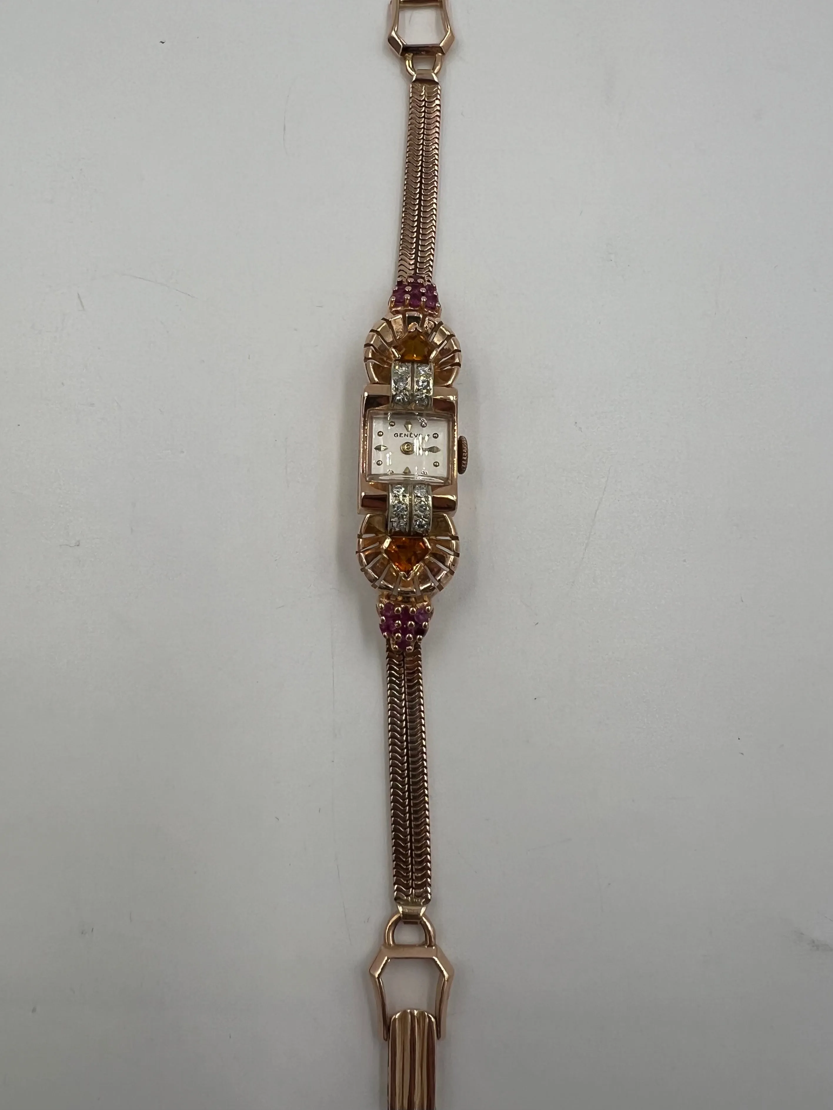 1940s Retro Pink Gold Citrine Ruby Diamond Wristwatch