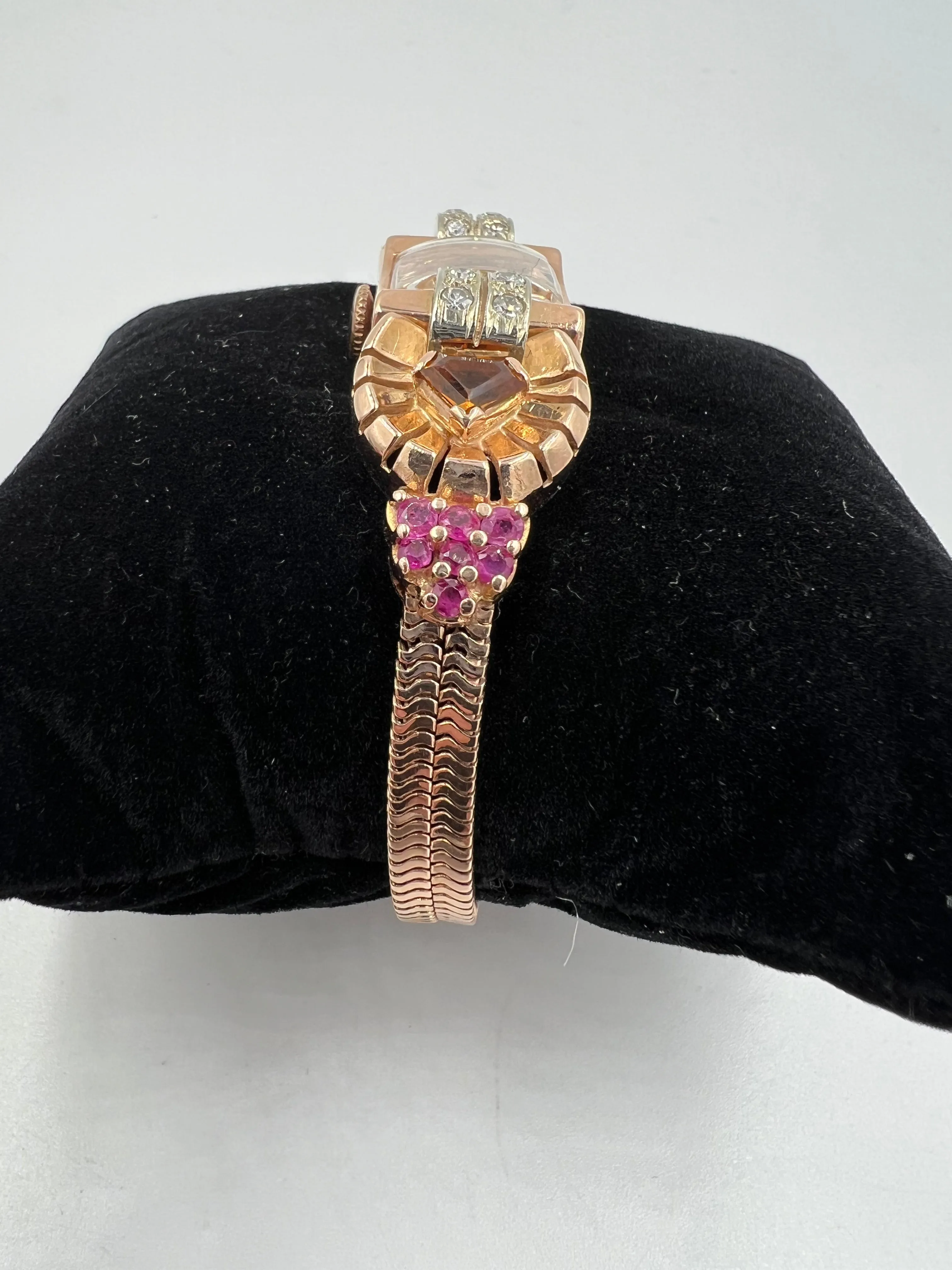 1940s Retro Pink Gold Citrine Ruby Diamond Wristwatch