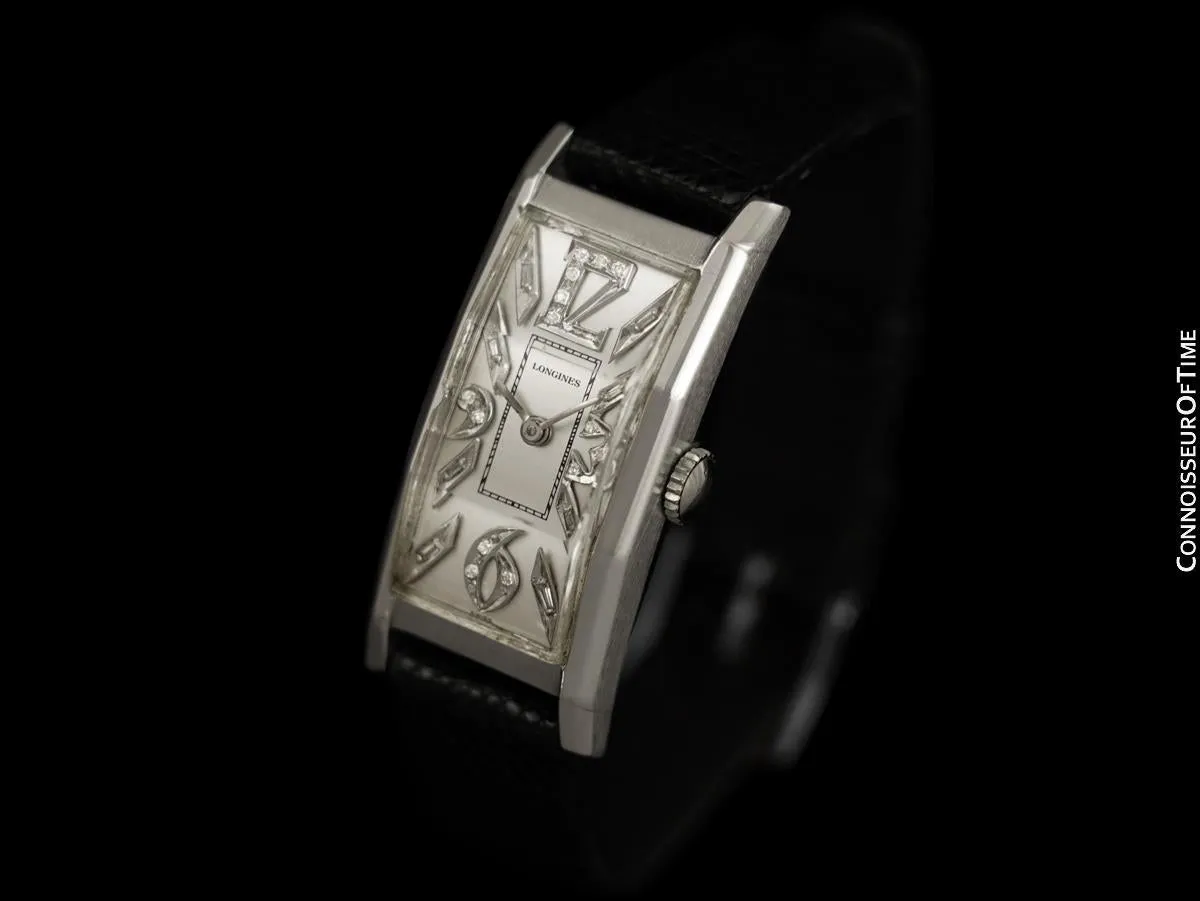 1946 Longines Vintage Mens Large Art Deco Watch - Platinum & Diamonds