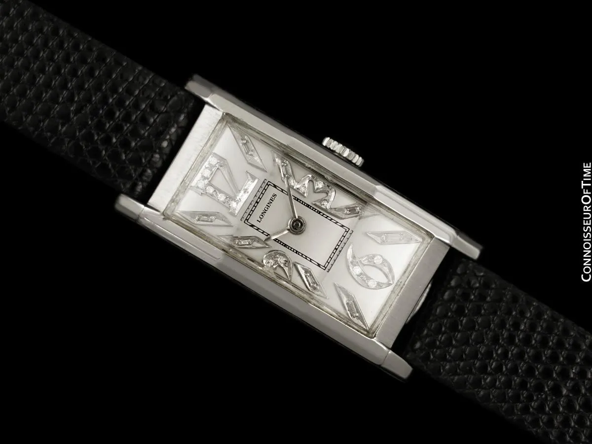 1946 Longines Vintage Mens Large Art Deco Watch - Platinum & Diamonds